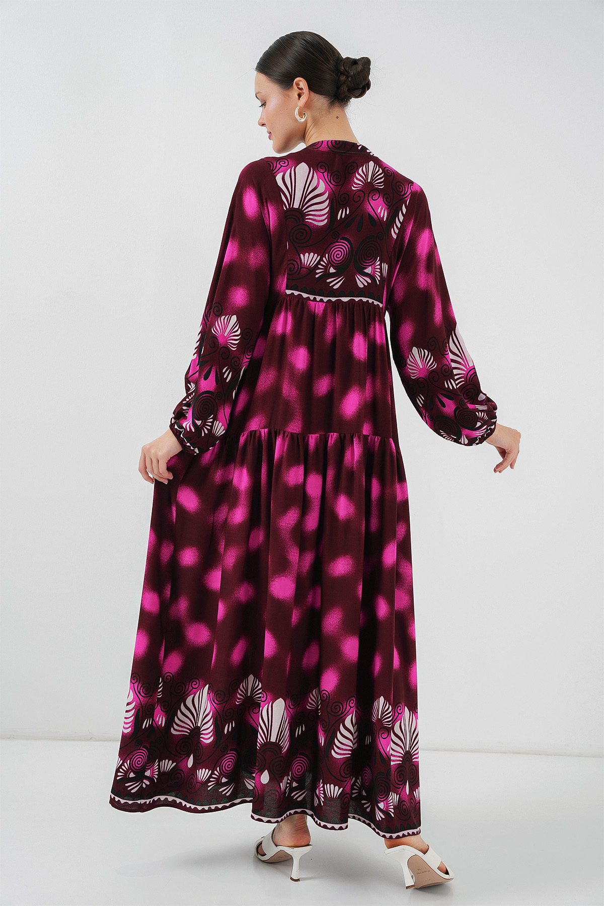 Bigdart-2423 Rochie Hijab Autentică cu Motiv - Roșu Claret - Fucsia 5