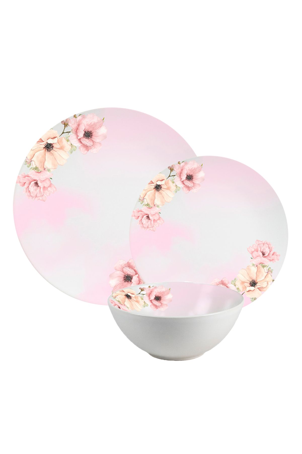 Cesiro Set Farfurii 18 Piese, 6 Persoane, Set Cu Bol- Insieme Fiori Rosa - Set Veselă Italiană Porțelan - One Size