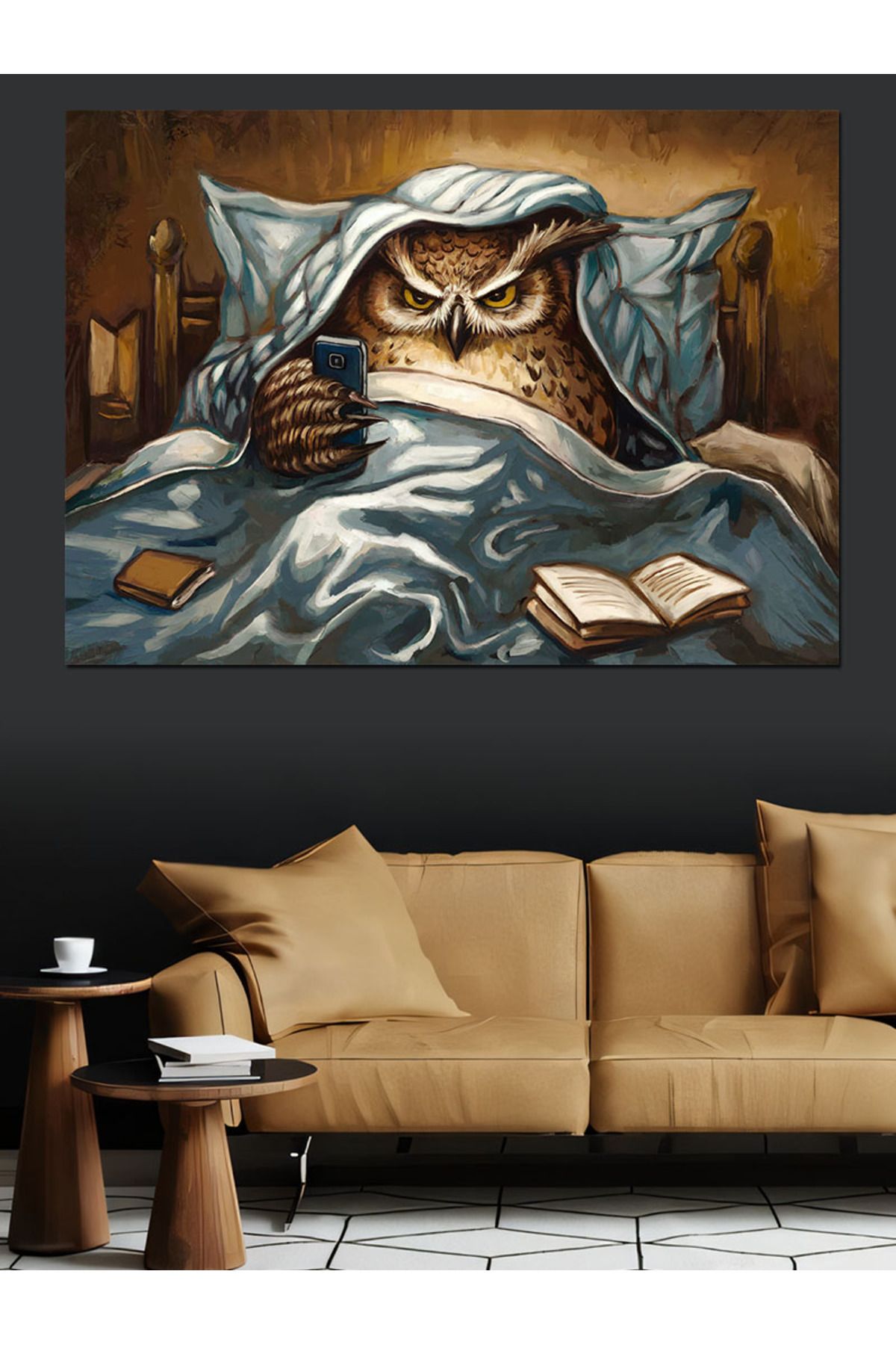 Tablomega-Canvas Decorativ Bufniță Dormită în Pat - Lemn MDF 4