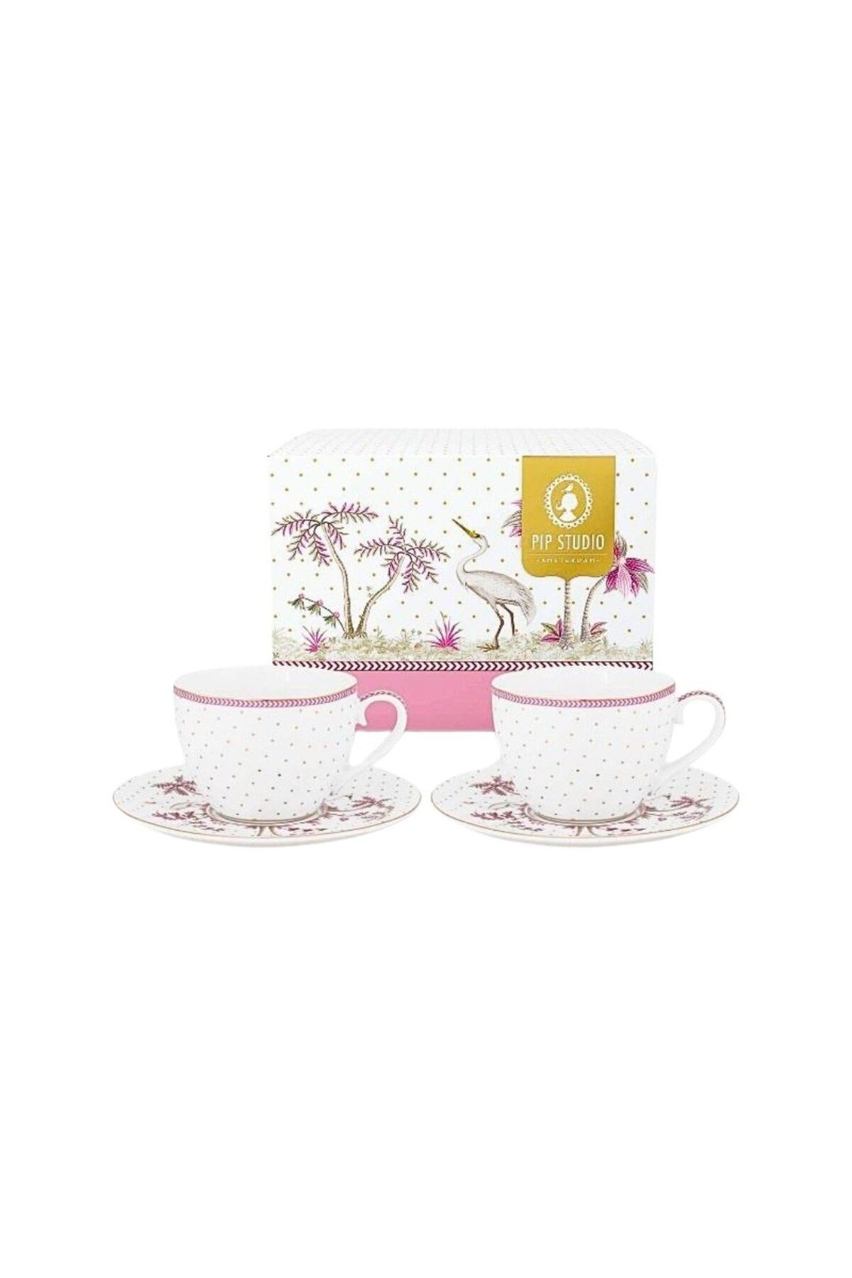 Pip Studio Set 2 Căni Cu Farfurioare, Din Porțelan, Pip Studio, Dots Gold Pink, 280 Ml, Colecția Jolie - One Size