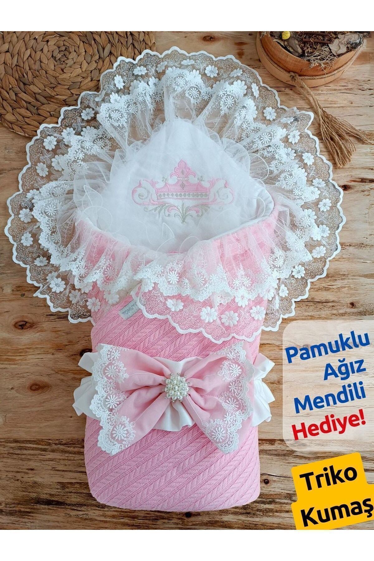 Tomuycuk Pembe Triko Örgü Kız Bebek Batttaniyesi Kundağı Dantelli Yenidoğan Hastane Çıkışı Hediyelik fotoğrafı 2 (önizleme)