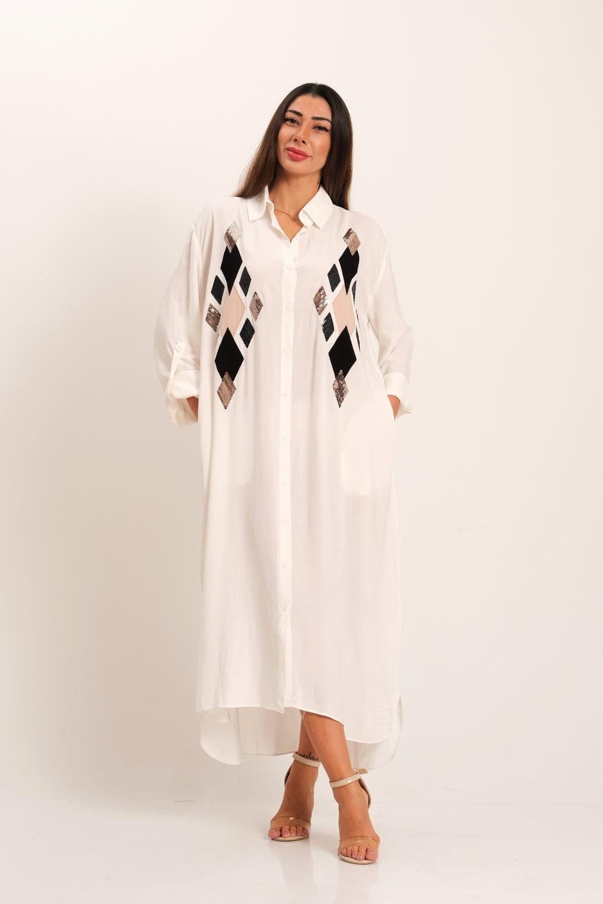 Keyifli Moda-فستان قميص طويل مطرز بالترتر من الأمام باللون الأبيض للنساء 7