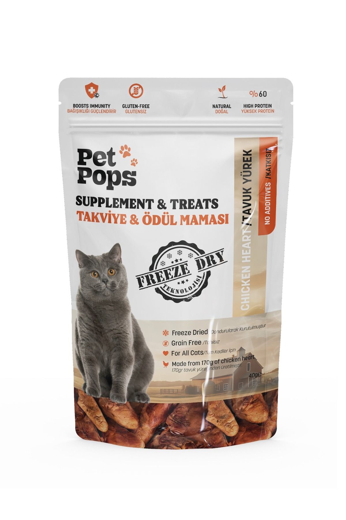 PET POPS Kediler için Ödül Maması - Tavuk Yürek / %100 doğal / Freeze Dry