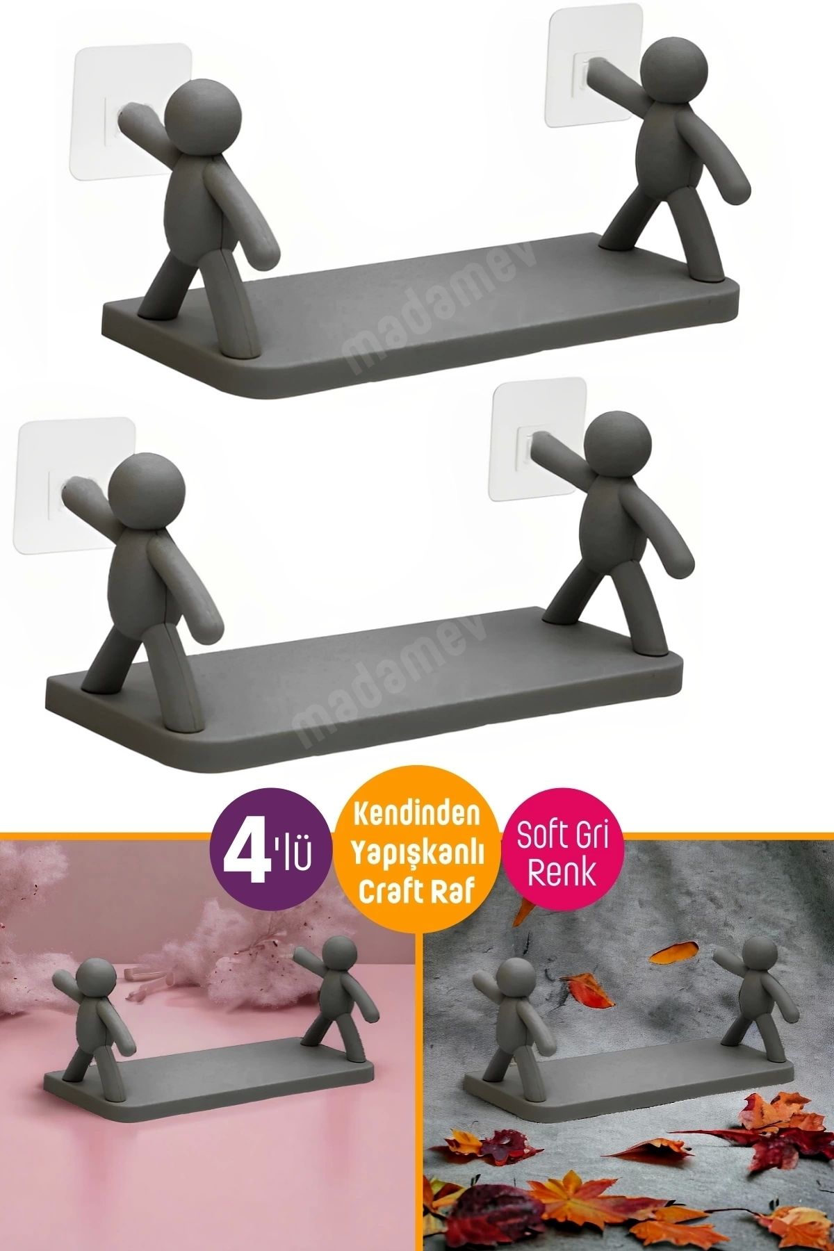 Tilbe Home 4 Adet Kendinden Yapışkanlı Craft Soft Gri Banyo Rafı Mutfak Organizer Duvara Monte Raf Düzenleyici