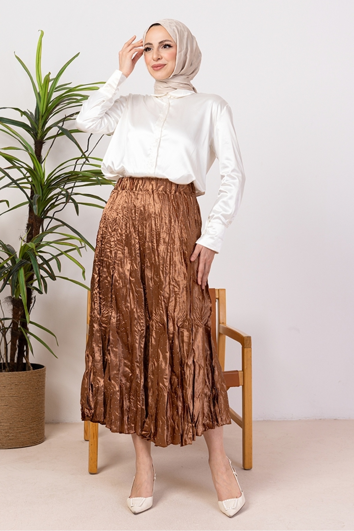 Bestenur-Elastic Waist Skirt with Stones 1401 - Tan 2