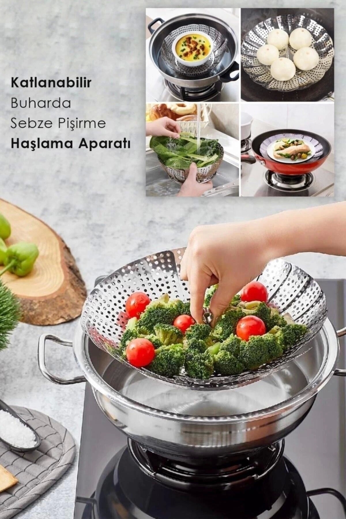 CTB HOME Buharda Sebze Pişirme Sepeti Haşlama Aparatı Katlanabilir Buharlı Pişirici Paslanmaz Çelik