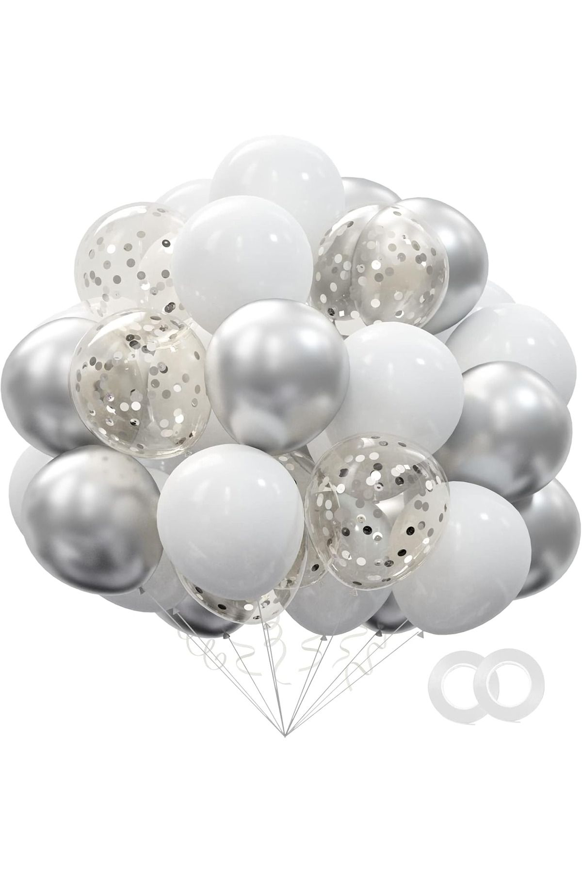 BALON DİYARI-Silver & White& Transparent Confetti 25Pcs Balloon Chain Set – Glamorous and Stylish Party Decor 1