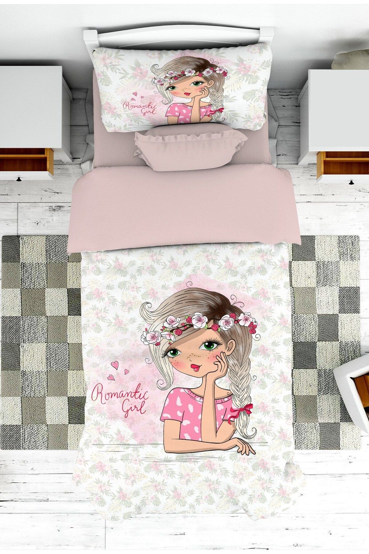 doku sanatı Bebek ve Çocuk Odası  Desenli Romantic Girl Kız Çocuk Yatak Örtüsü ve Yastık Kılıfı Pike