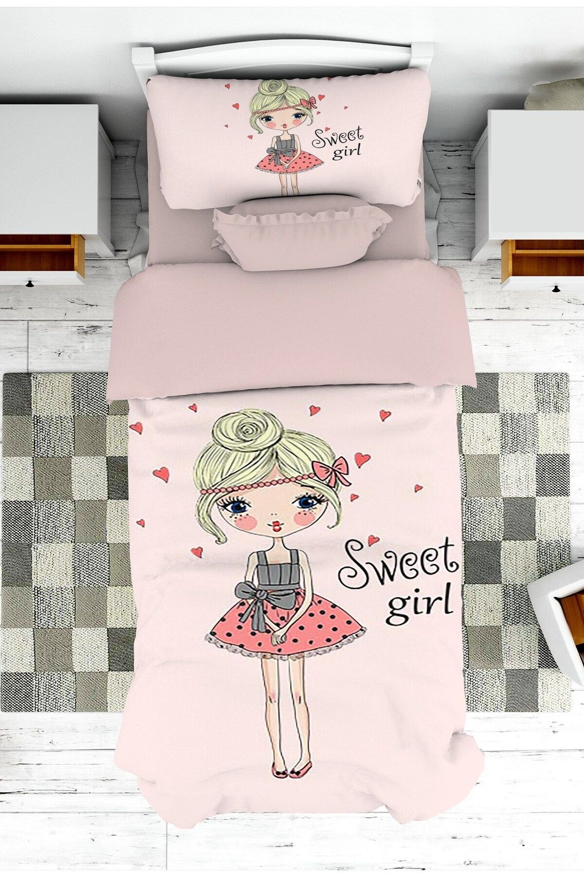 doku sanatı Bebek ve Çocuk Odası Sweet Girl Desenli Kız Çocuk Yatak Örtüsü ve Yastık Kılıfı Pike