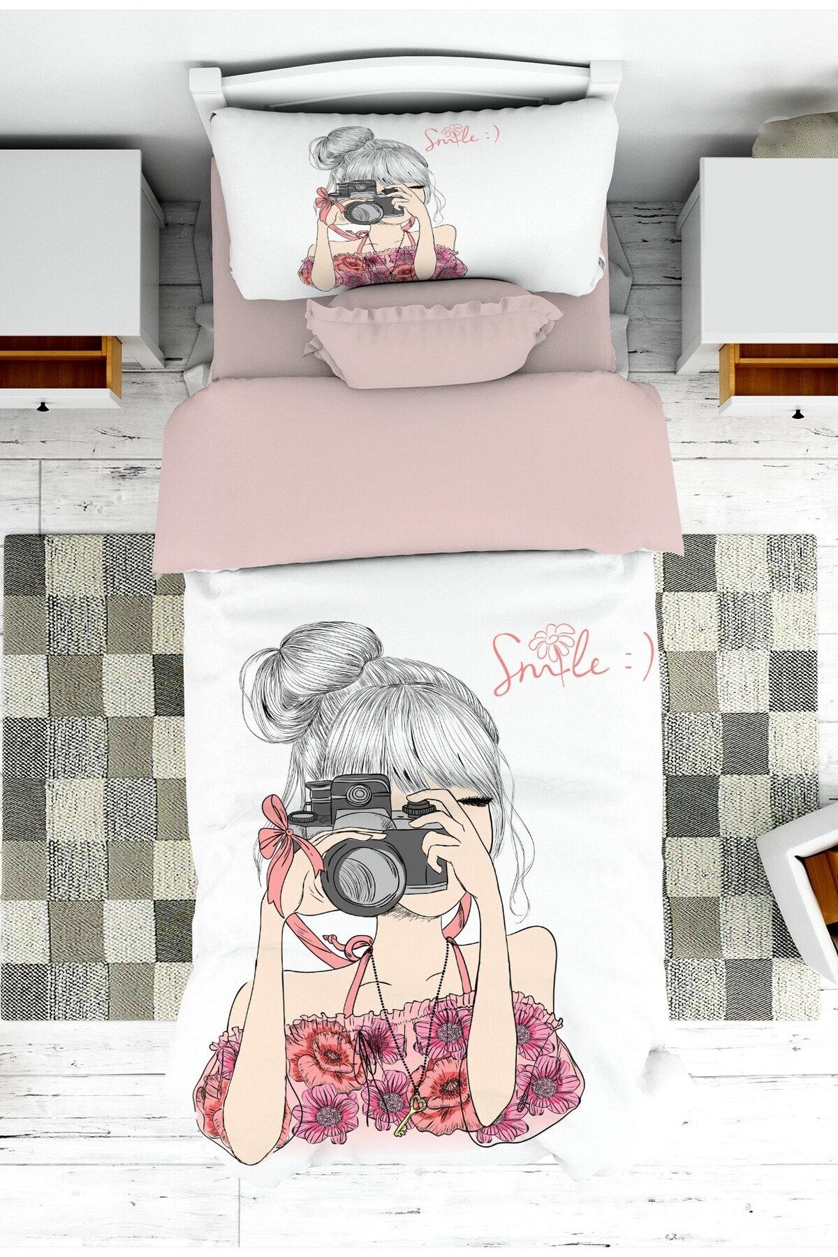 doku sanatı Bebek ve Çocuk Odası Fotoğrafçı Kız Desenli Kız Çocuk Yatak Örtüsü ve Yastık Kılıfı Pike