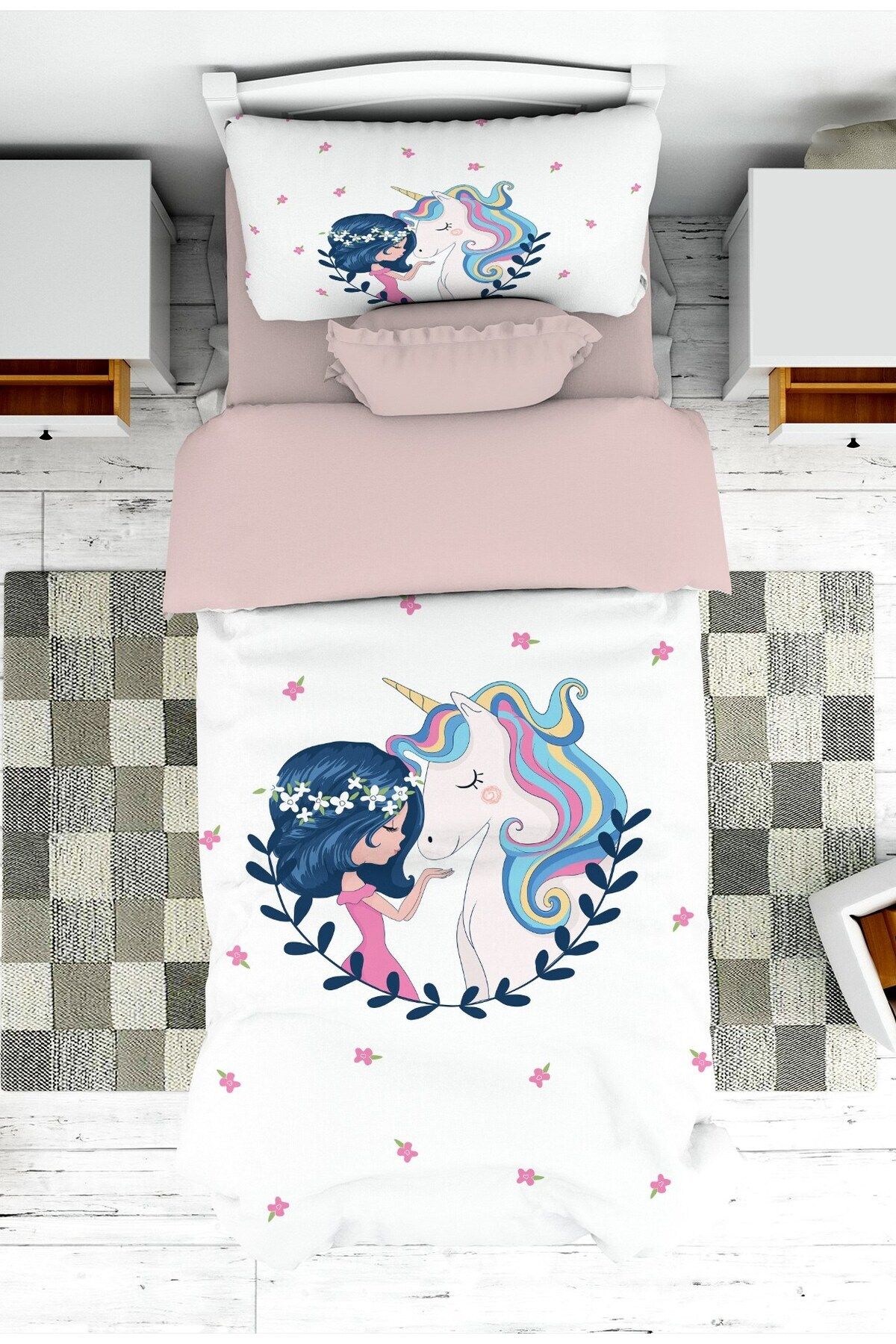 doku sanatı Bebek ve Çocuk Odası Unicorn Desenli Kız Çocuk Yatak Örtüsü ve Yastık Kılıfı Pike