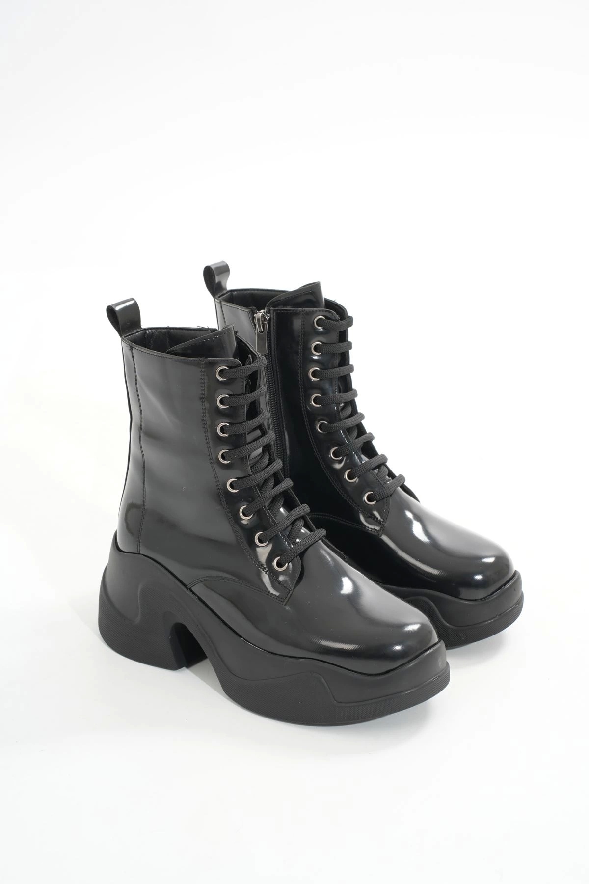 Velevance-Fz-2550 Black Patent Leather High-Sole Lace-Up Zippered Daily Women's Boots 3