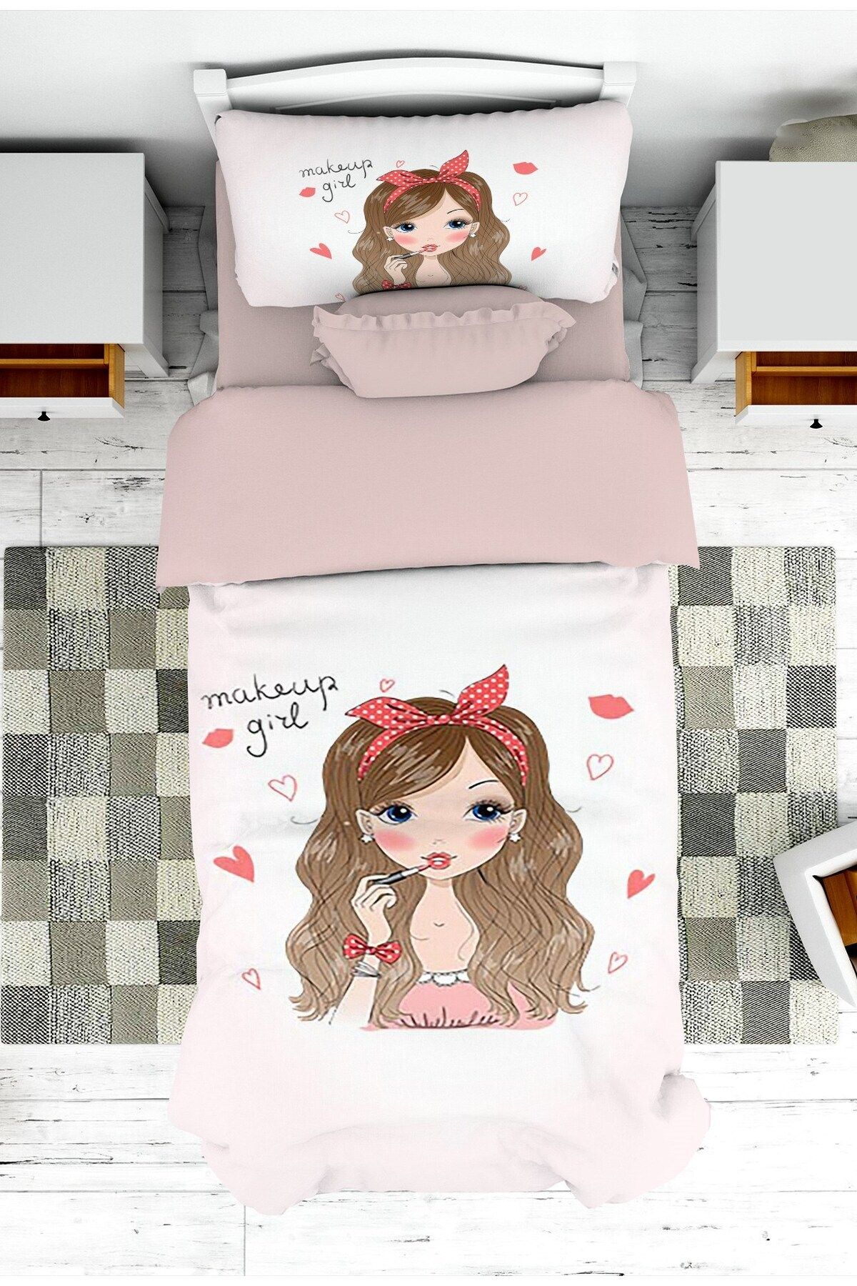 doku sanatı Bebek ve Çocuk Odası Makeup Girl Desenli Kız Çocuk Yatak Örtüsü ve Yastık Kılıfı Pike