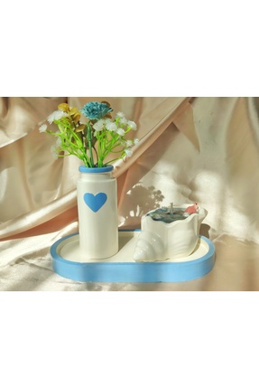 Home Dekoratif Hediyelik Jel Mum, Kalp Desenli Çiçekli Vazo Ve Tabak Takımı (...