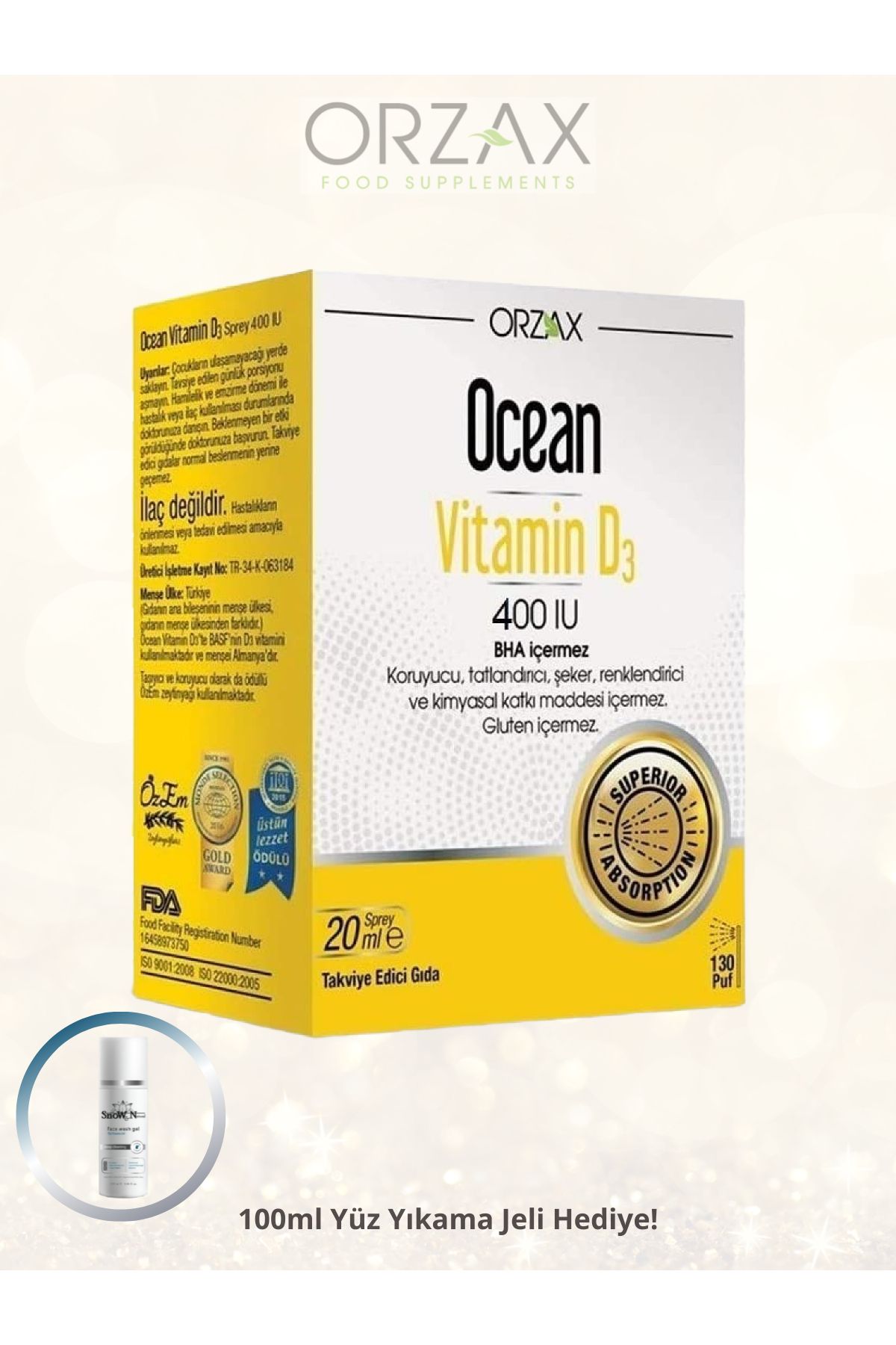 Ocean Vitamin D3 Sprey 400 IU 20 ML + YÜZ TEMİZLEME JELİ HEDİYE