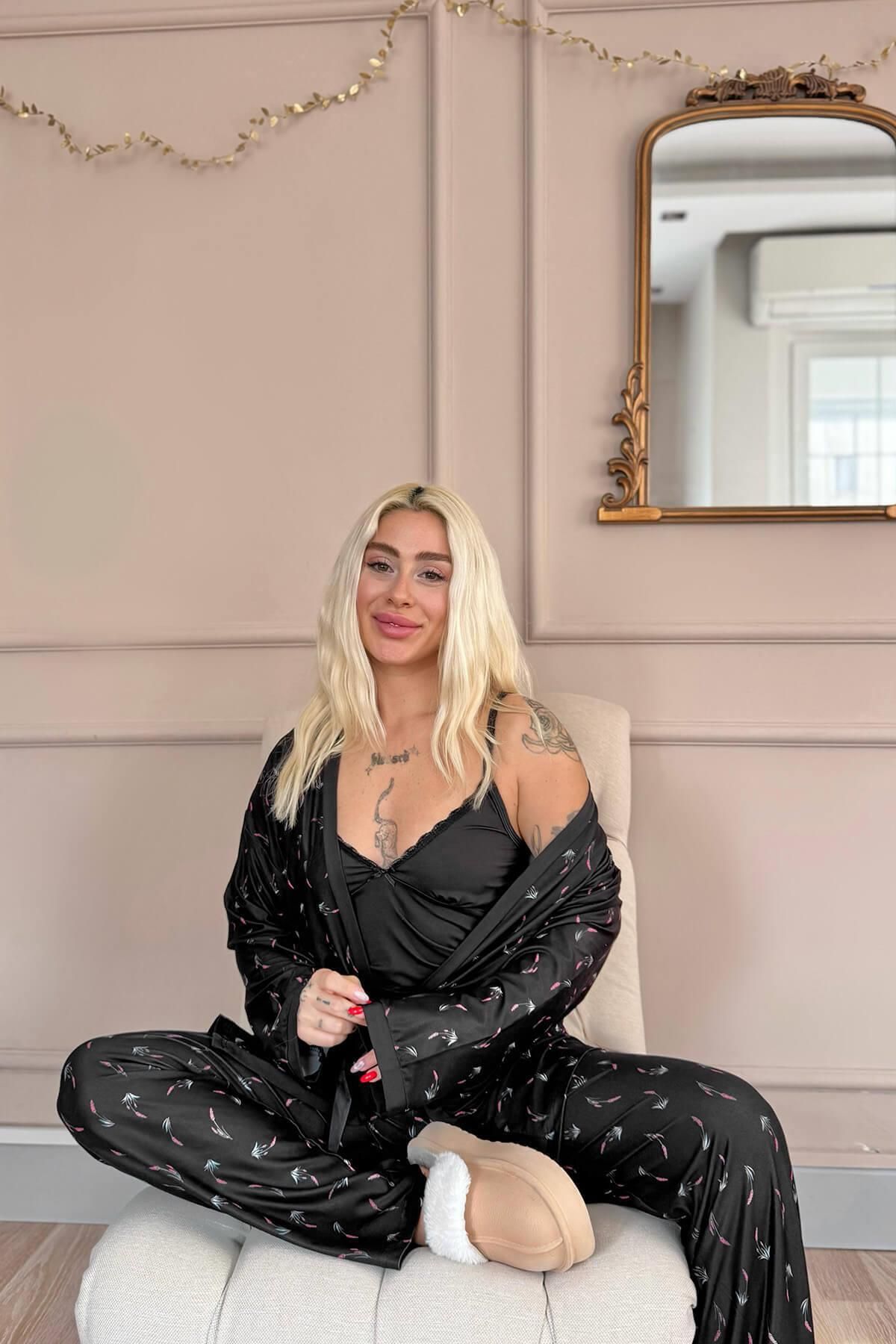 Pijamaevi-Black Midnight Petals Exclusive Women's Pajama Set with Knitted Dressing Gown 4