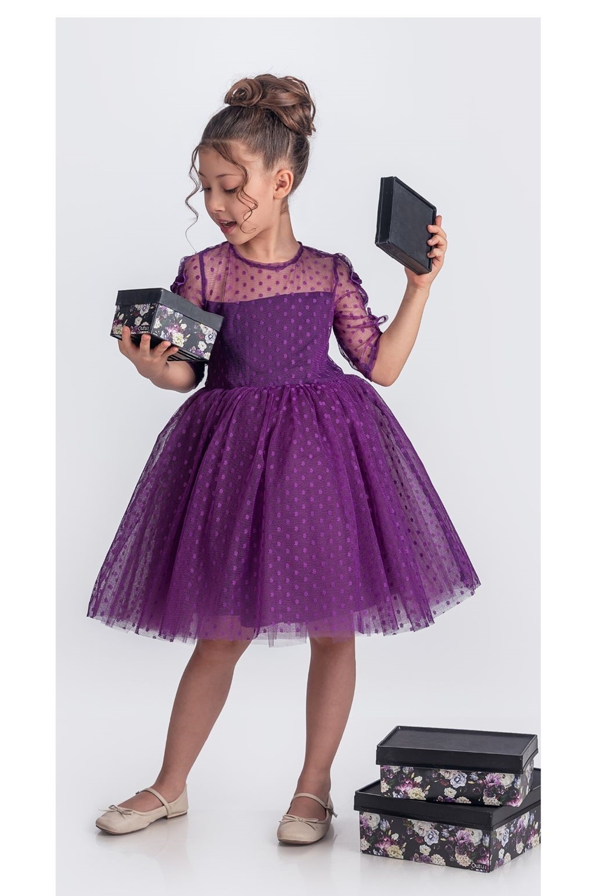 Mnk Baby&Kids Dantel Puanlı, Uzun Kol Prenses Kız Çocuk Elbise M00707 MOR fotoğrafı 4 (önizleme)