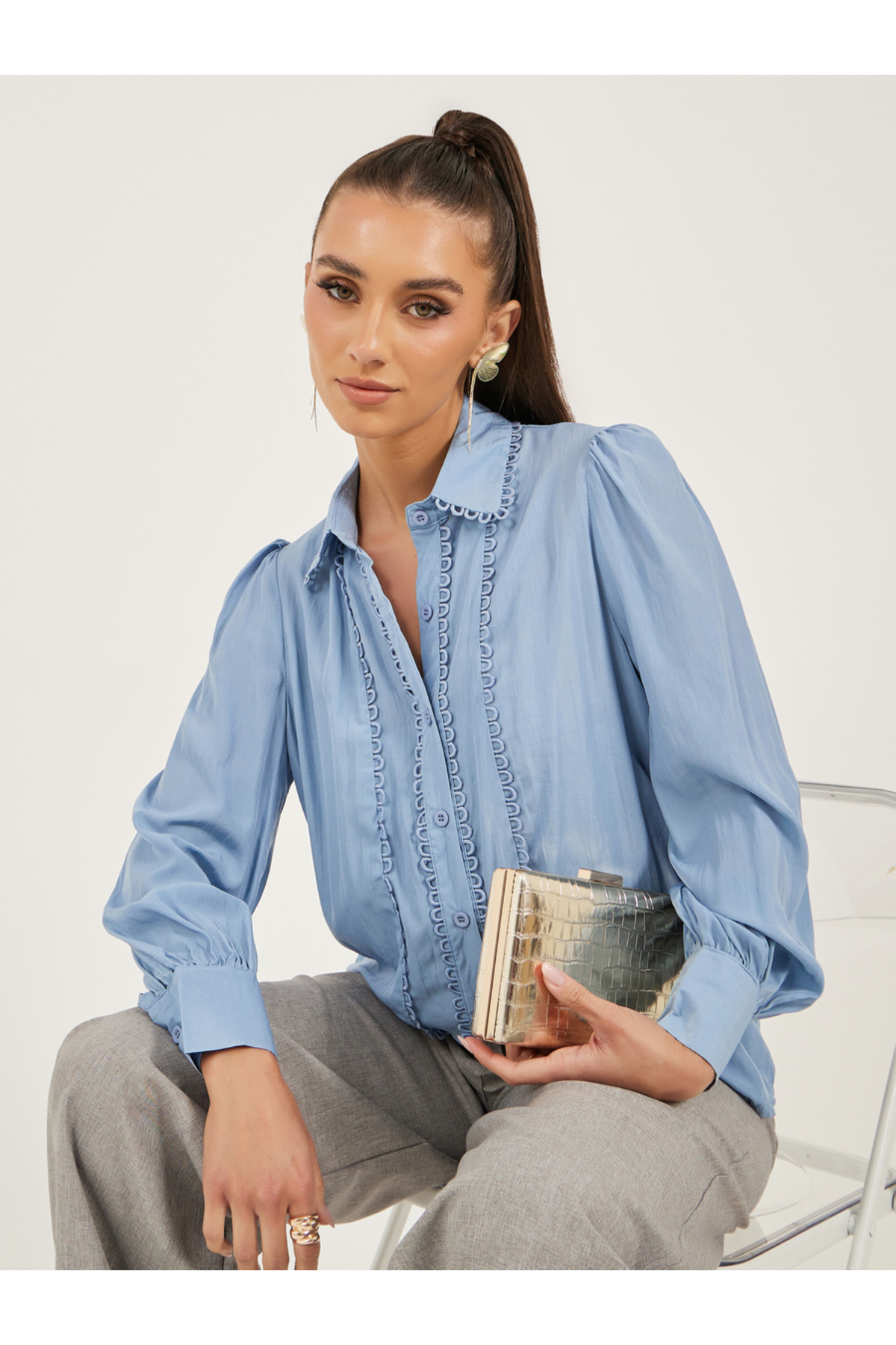 Styli Lace Detail Collared Plain Long Sleeve Shirt