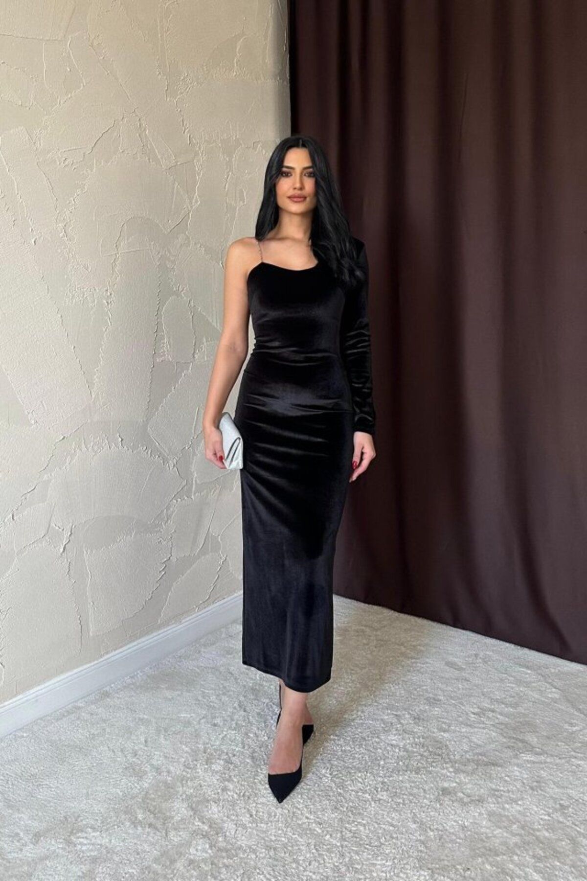 MRA Fashion Siyah Tek Omuzlu Taş Askılı Elbise