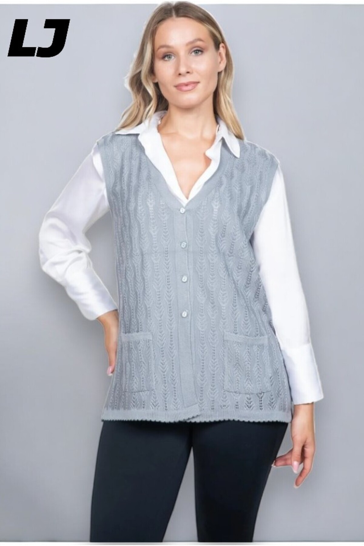 LAJESTE-Women's Middle Age and Above Knitwear Knitted Buttoned Dark Khaki Mother's Vest 3