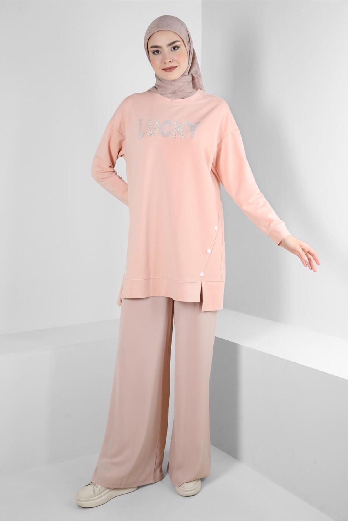 TEXT Printed Button Detail تونیک لباس ورزشی 43562 Alvina