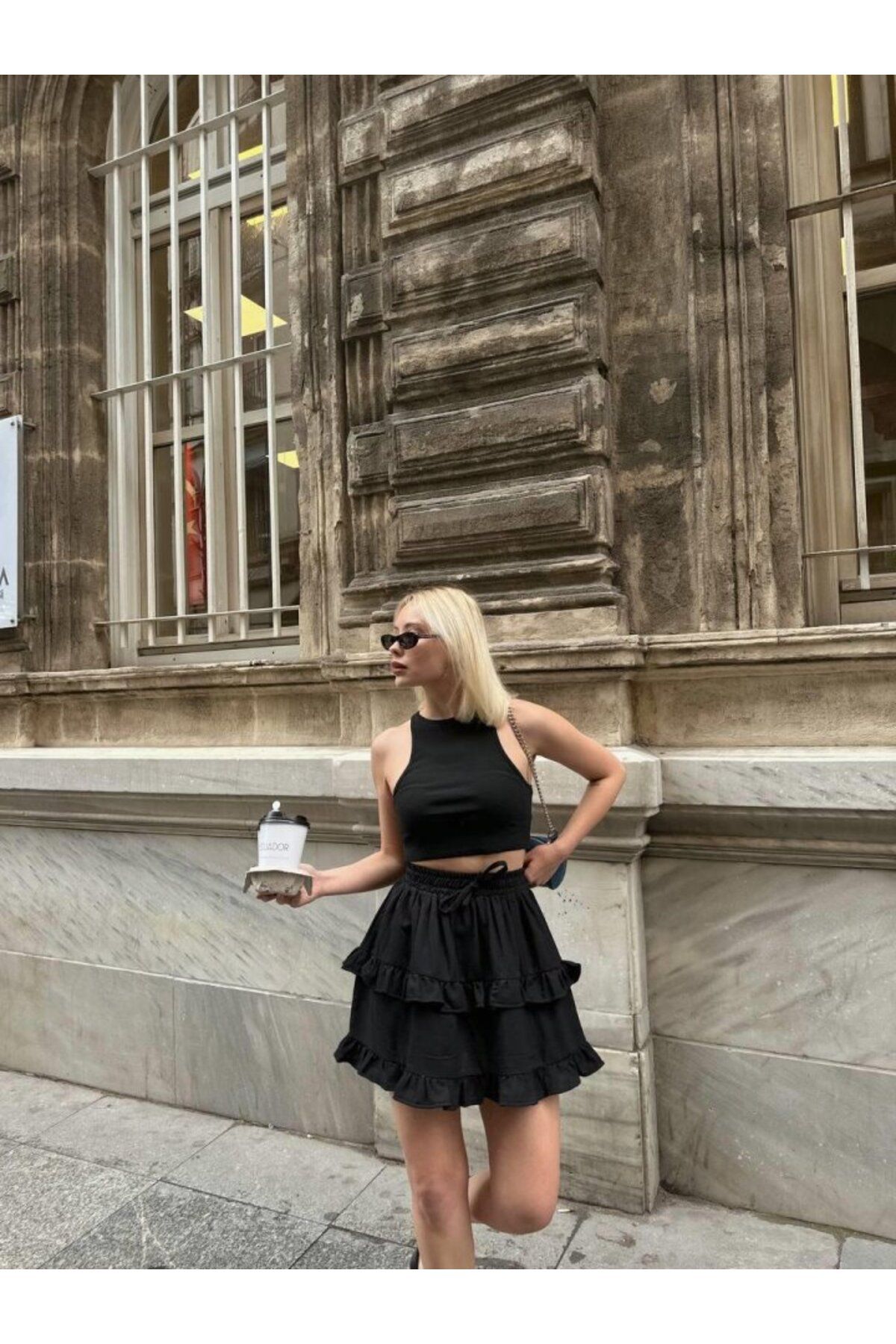 velmorafashion BEL LASTİKLİ KAT FIRFIR DETAYLI KISA ETEK - Siyah