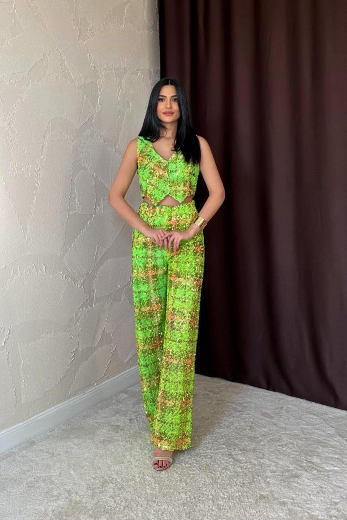 velmorafashion Yeşil Pullu Yelek Ve Pantolon Takım