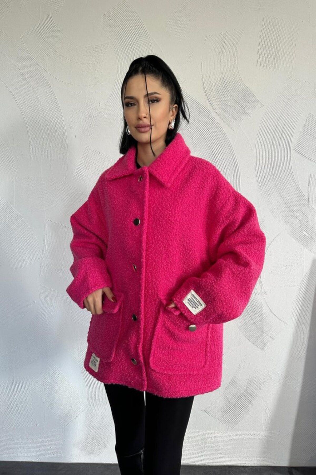 velmorafashion Fuşya Etiketli Pile Detaylı Ceket