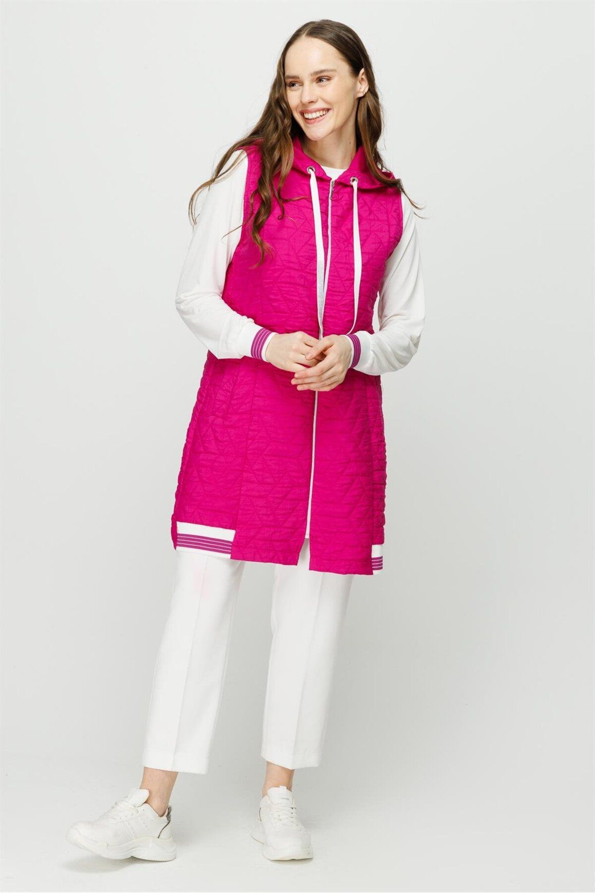 Esswaap-Self Patterned Hooded Vest Tunic Set Fuchsia 3