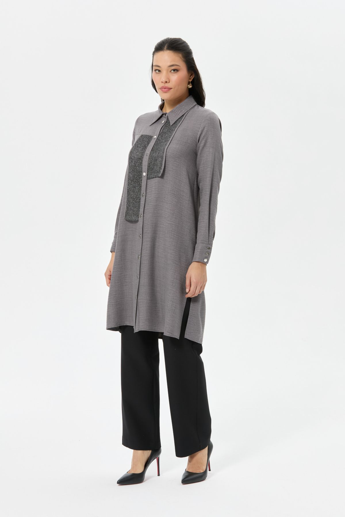 Esswaap-Detailed Buttoned Tunic - Anthracite Mesh Combination 8