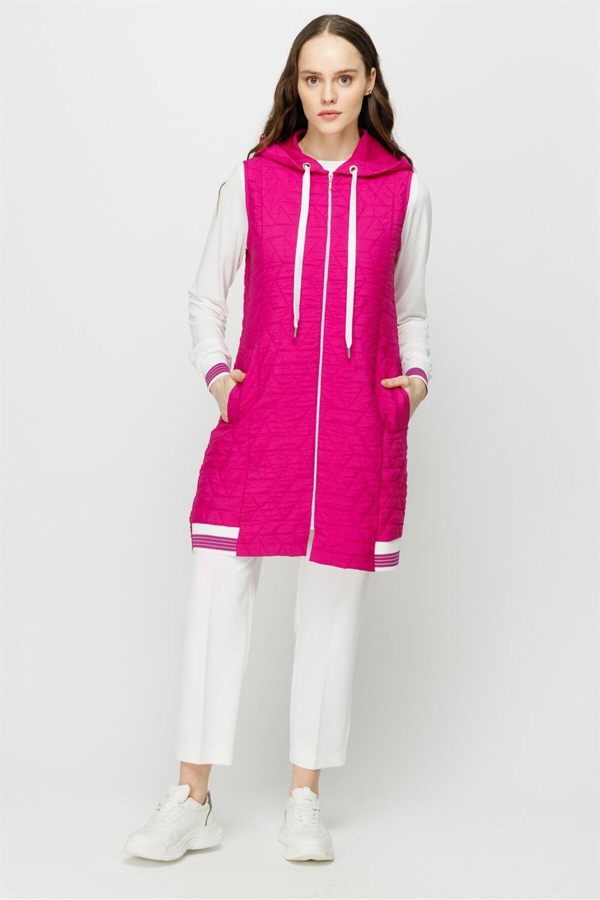 Esswaap-Self Patterned Hooded Vest Tunic Set Fuchsia 1