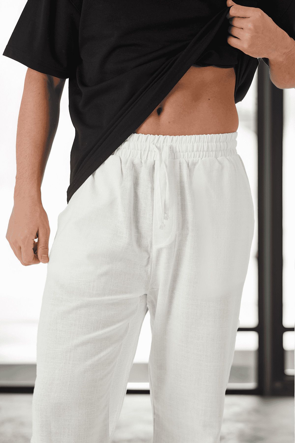 Valiberta-Lightweight and Breathable Cotton Comfortable Fit Baggy Men's Trousers - Ecru 2