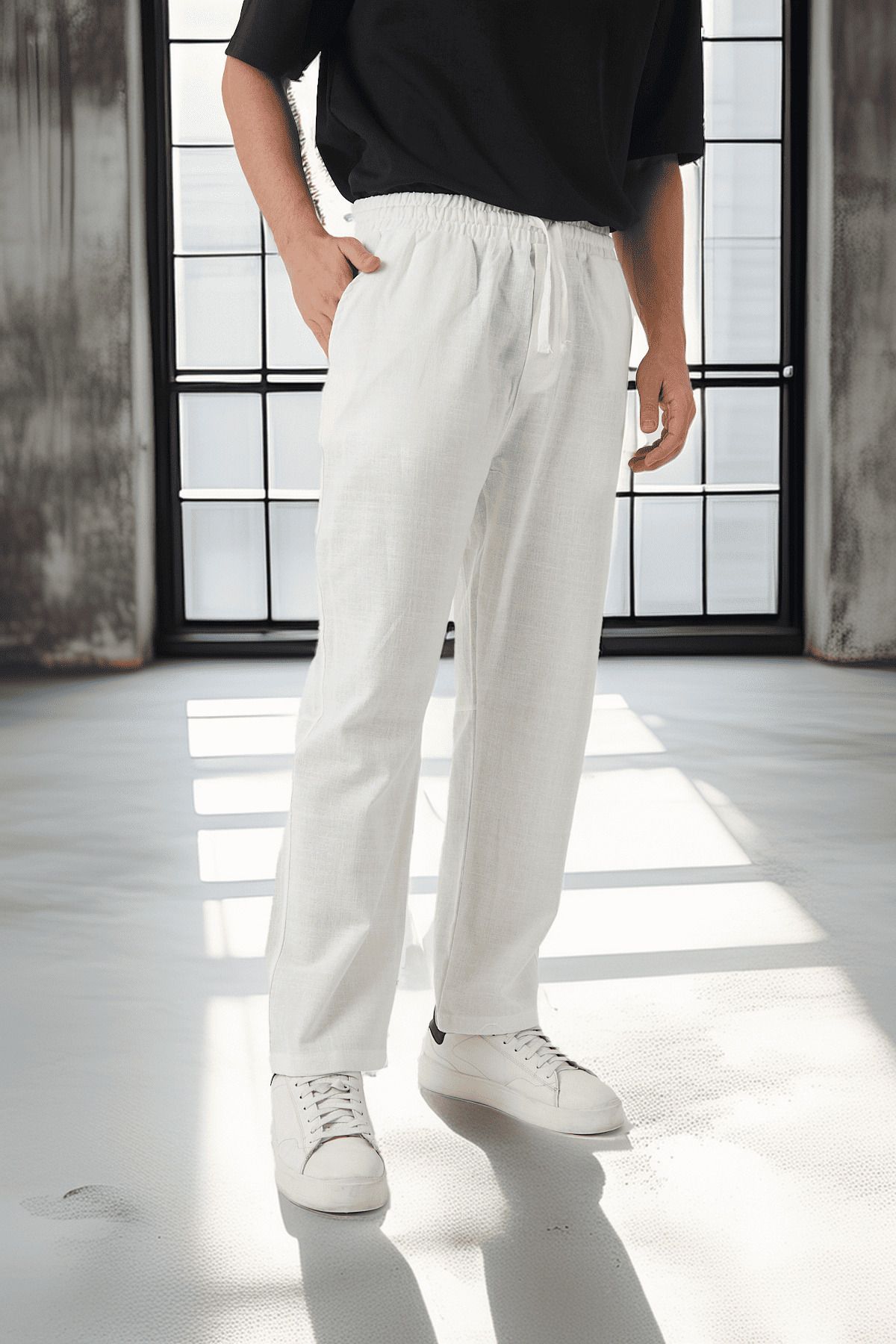 Valiberta-Lightweight and Breathable Cotton Comfortable Fit Baggy Men's Trousers - Ecru 3