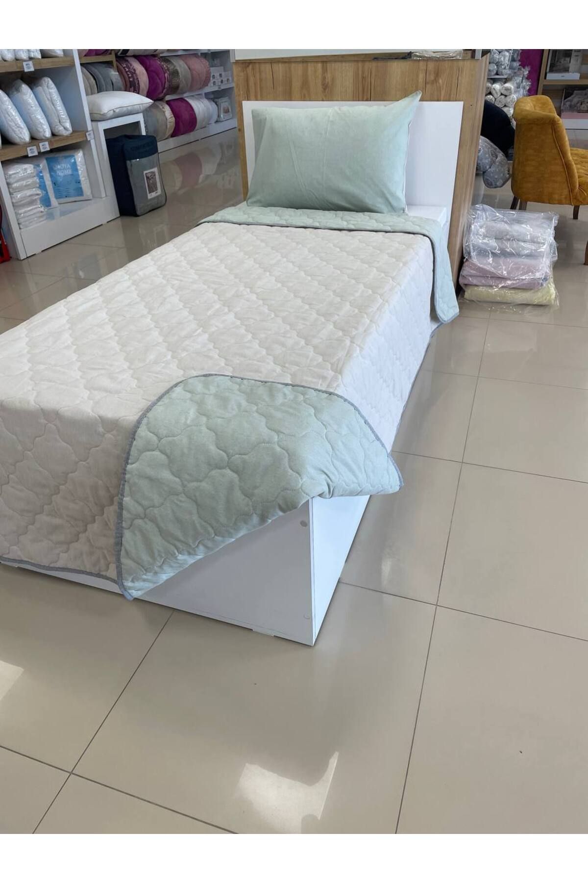Sudemhome-Single Quilted Double Sided Bedspread Set Young Children's Room Bedspread Çağla Beige 2