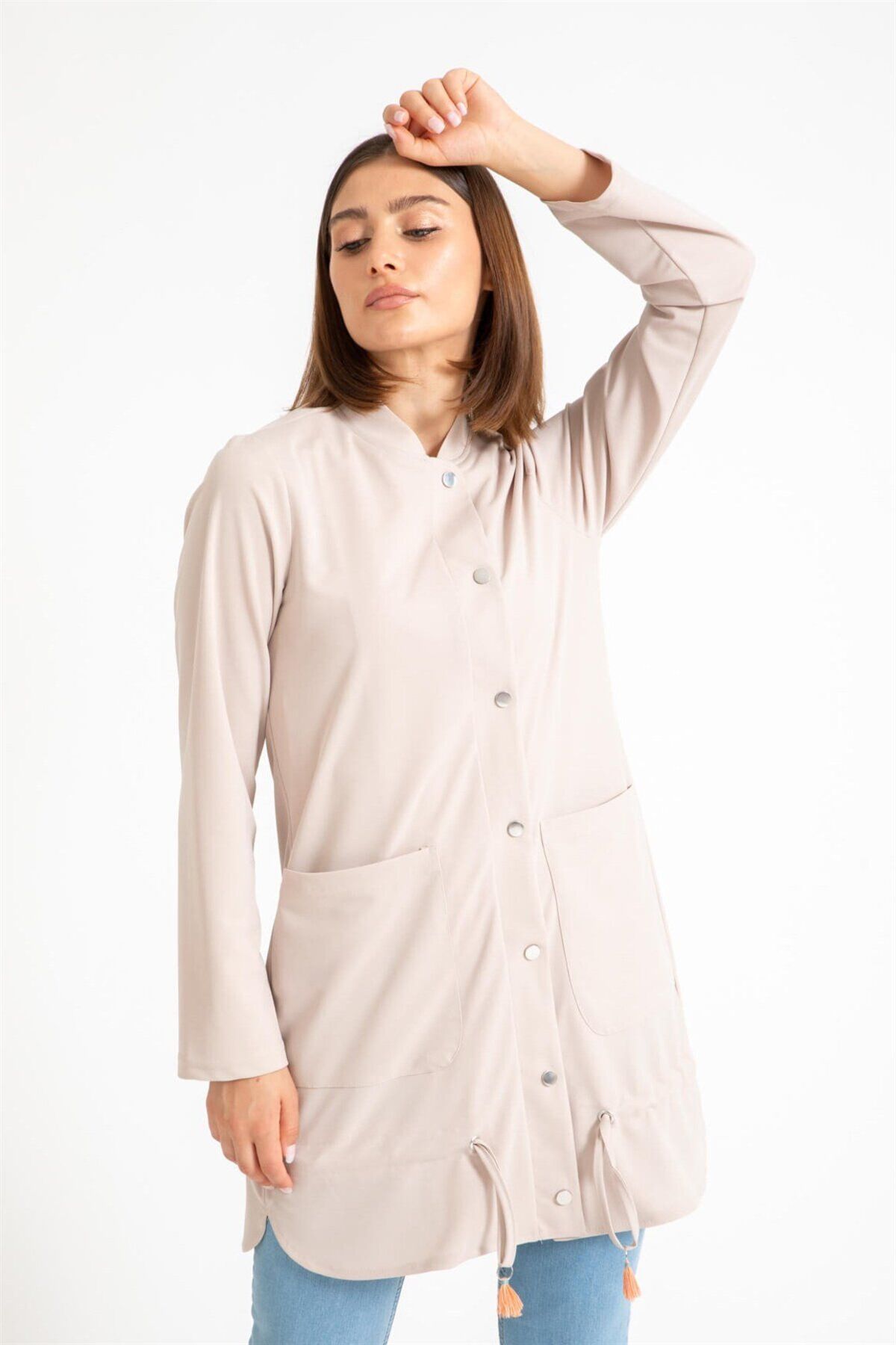 Esswaap-Gather Detailed Tunic Jacket with Snap Closure on the Front Beige 3