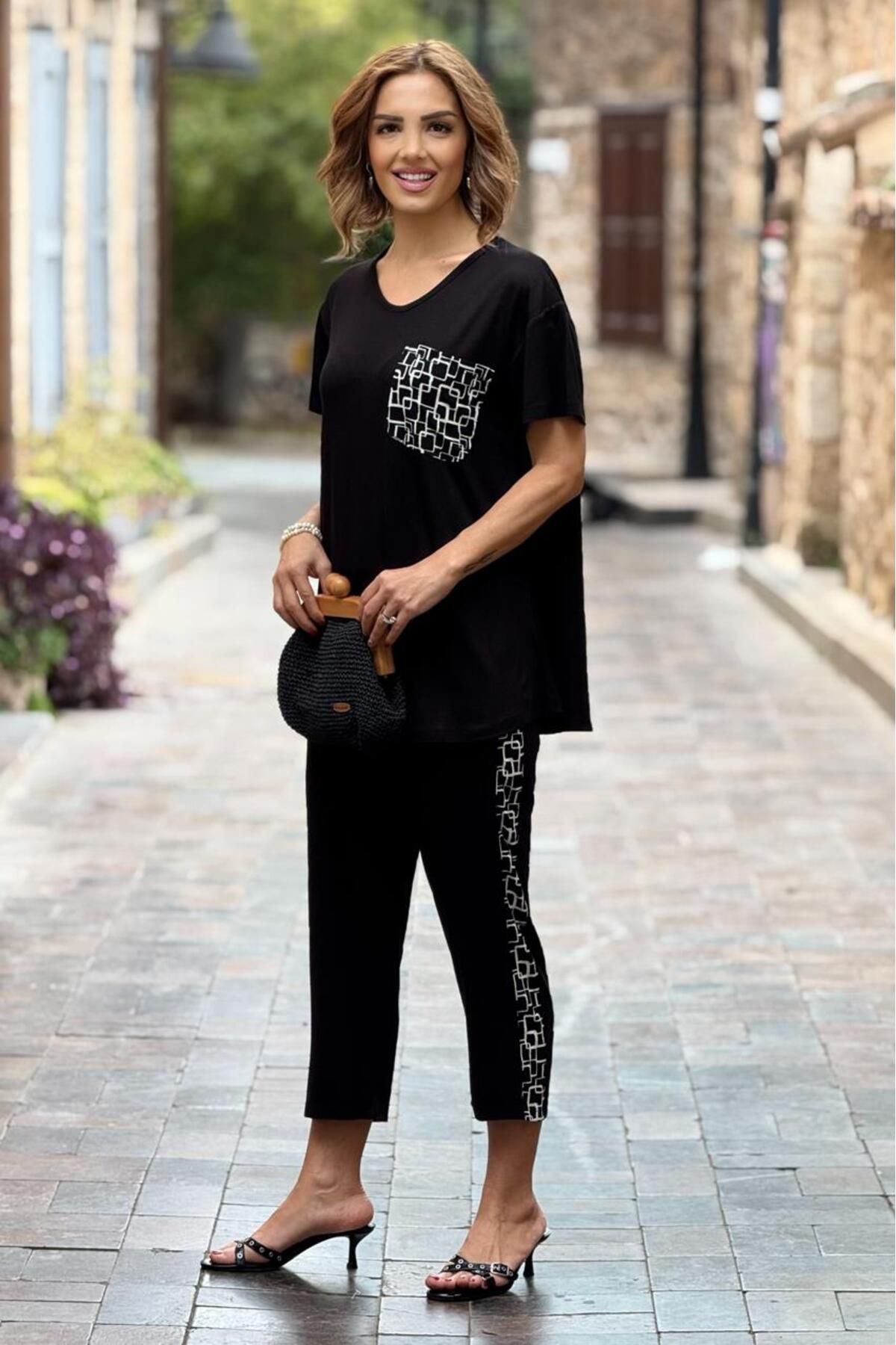 Nevin Kaya Moda-Black Cotton Capri Suit with Chest Pocket 2