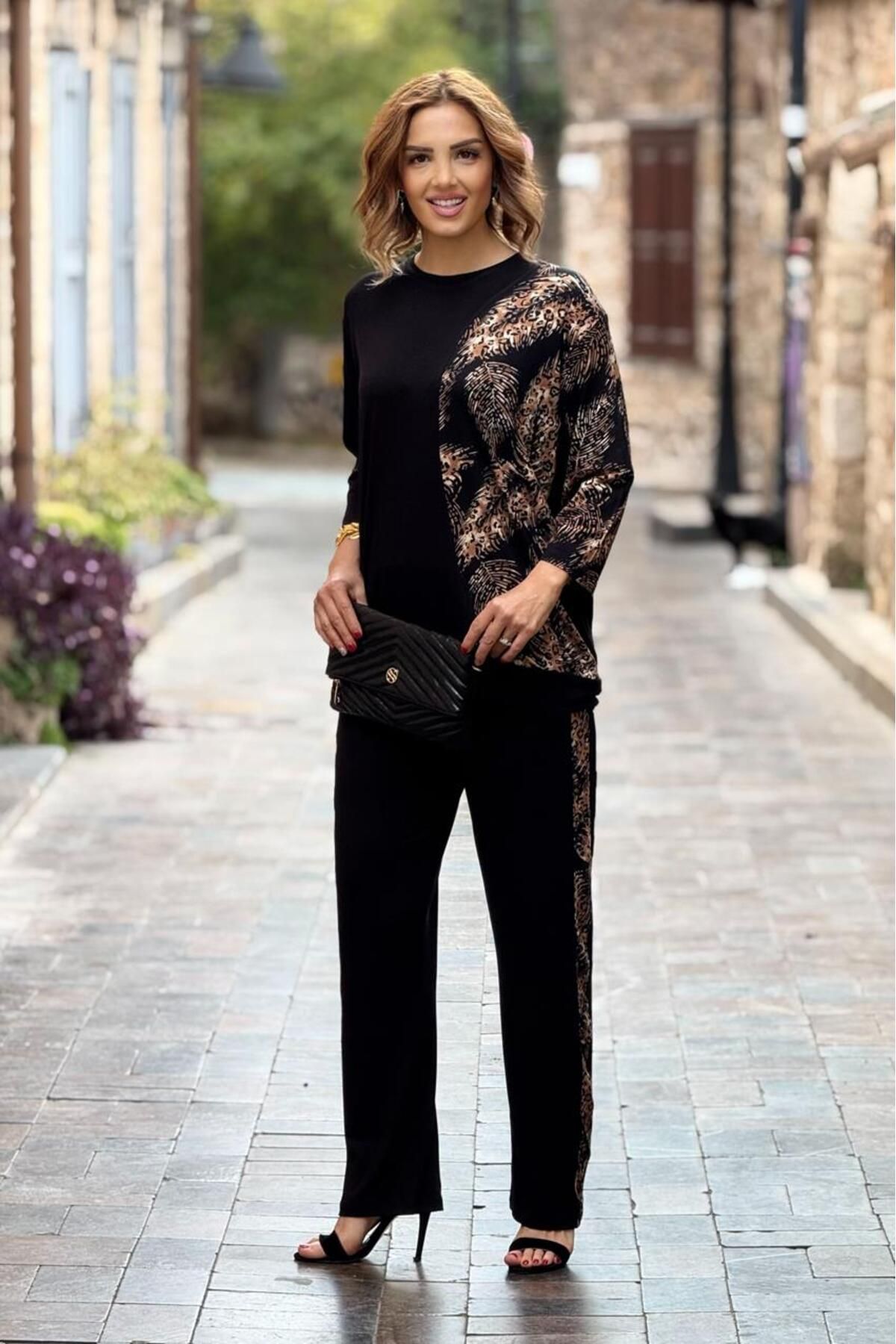 Nevin Kaya Moda-Black Safari Patterned Double Suit 4