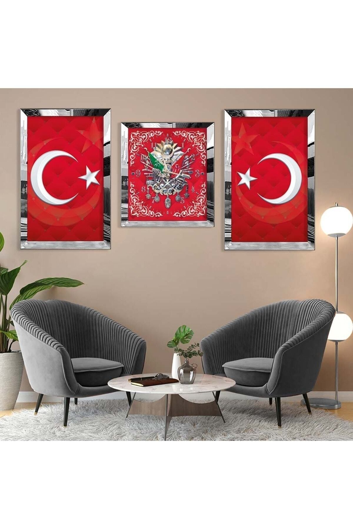 Elioure Gümüş Aynalı Pleksi Osmanlı Tuğrası Üçlü Mdf Tablo ve Saat Seti
