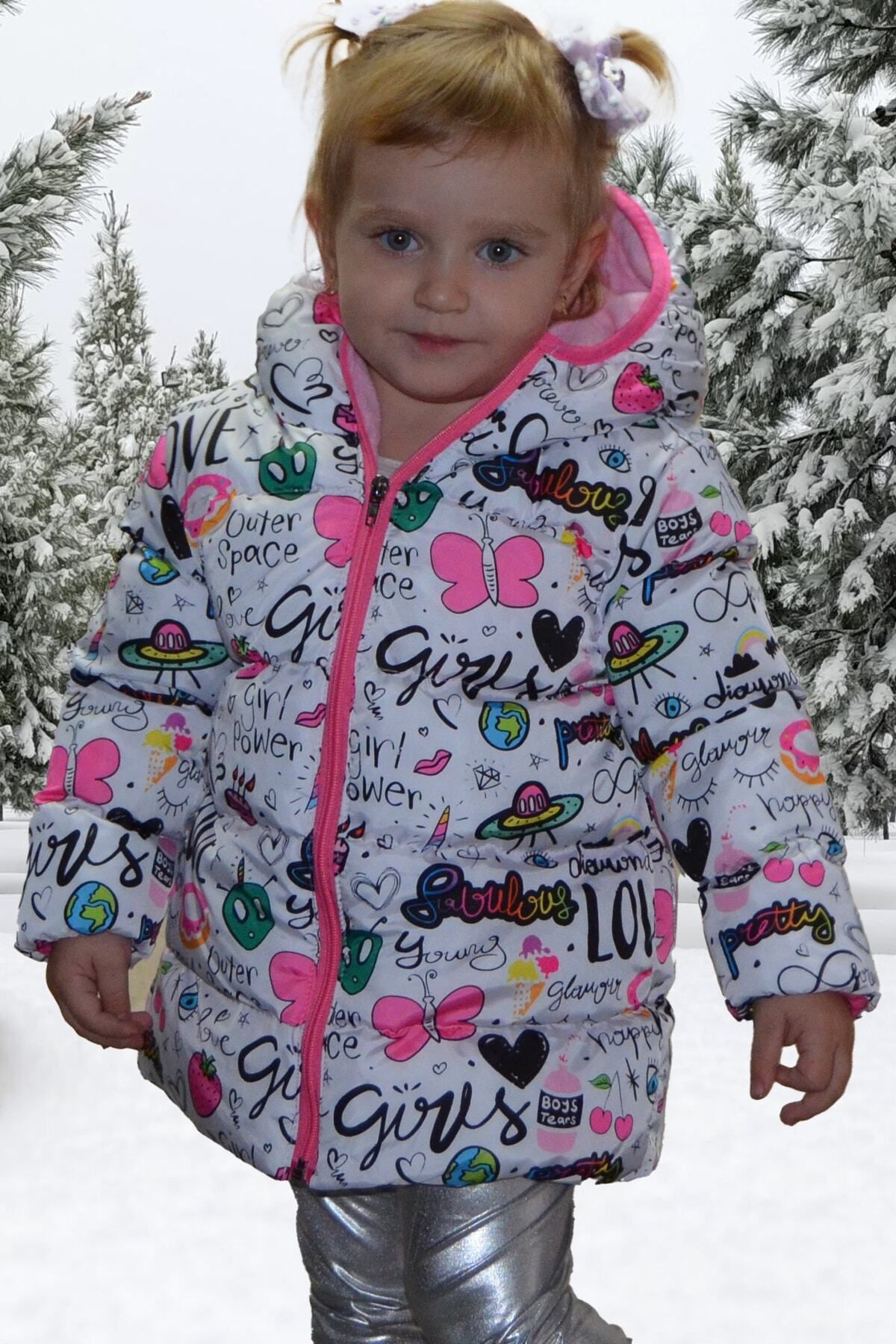 freemen-Sports Girl Sports Children's Fleece Hooded Girls' Written Butterfly Patterned Coat & Coat & Parka 2