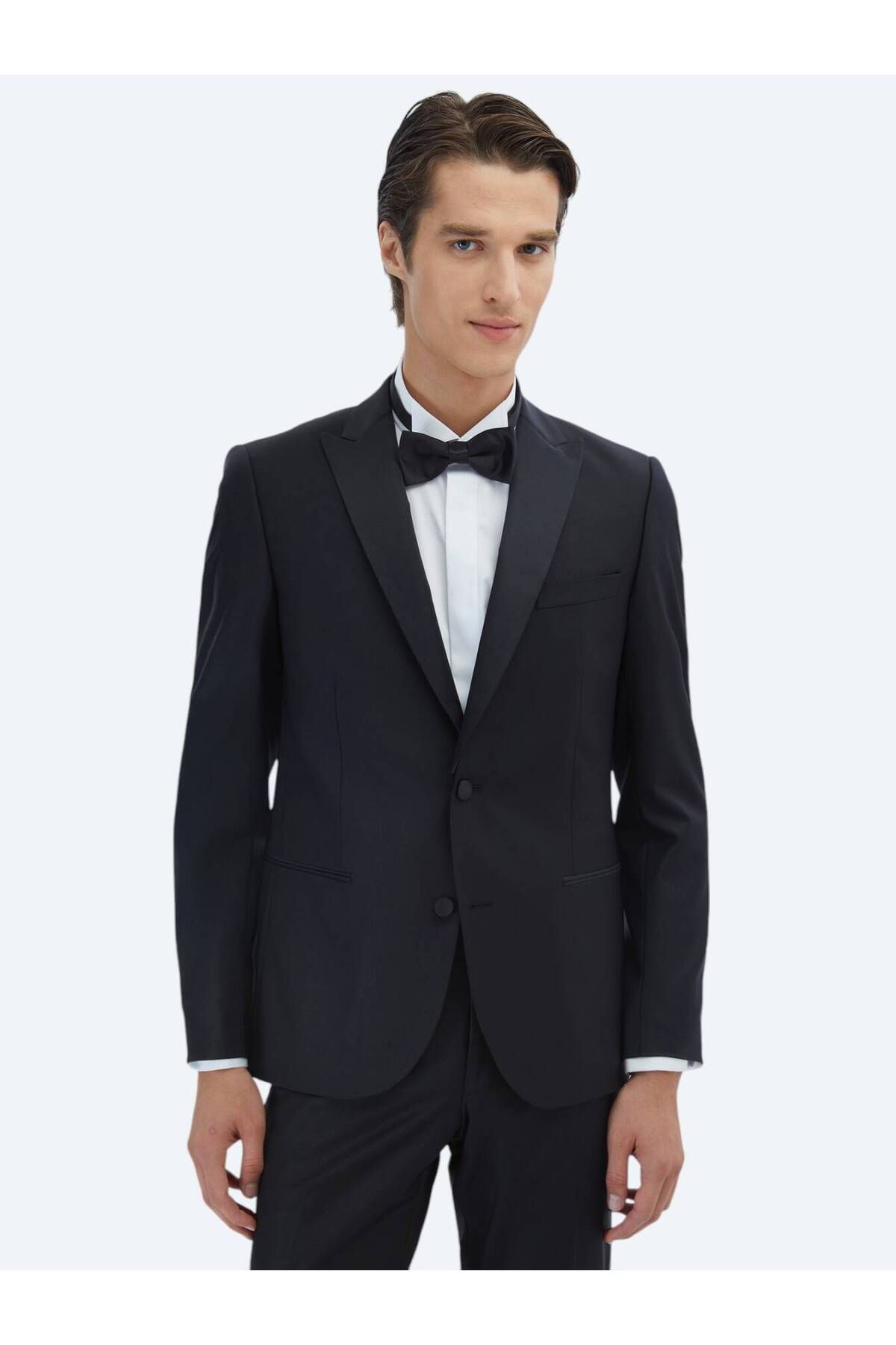 Kip Siyah Düz Slim Fit Çıkarılabilir Kruvaze Yaka Prinç Smokin Takım Elbise