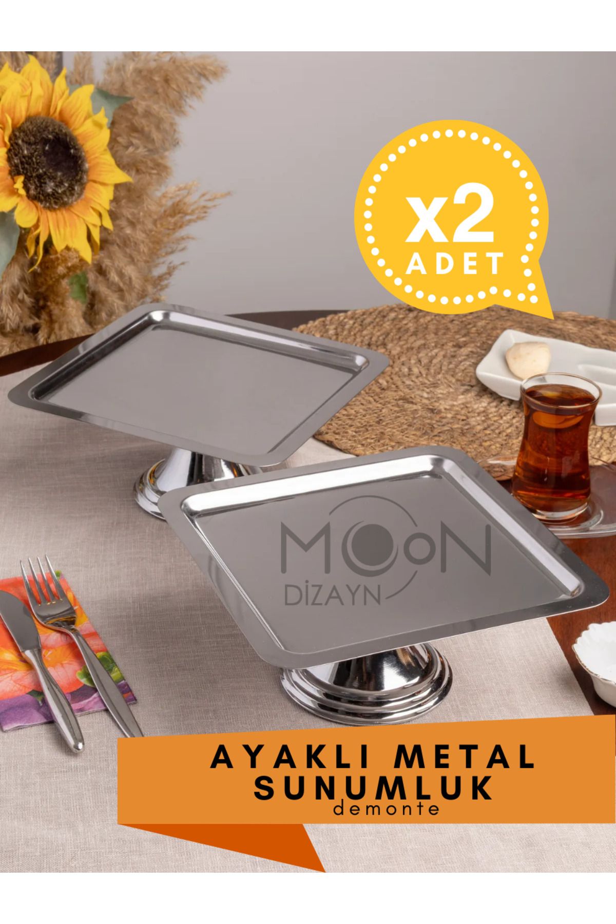 Moon Dizayn 2'li Gümüş Kare, Ayaklı Şık Kek, Pasta, Kurabiye ve Tatlı Servis Sunum Standı