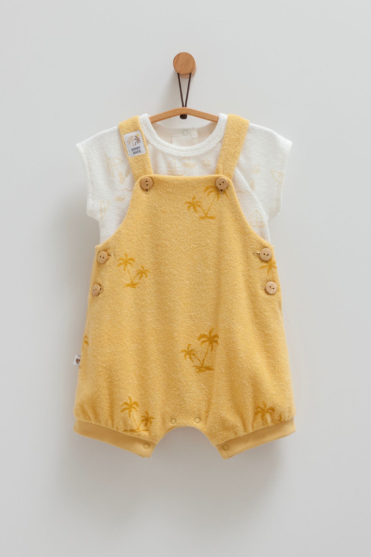 Caramell-Baby Boy Towel Fabric Salopet Soft and Comfortable Design 100% Cotton Palm Pattern Button Detailed 1