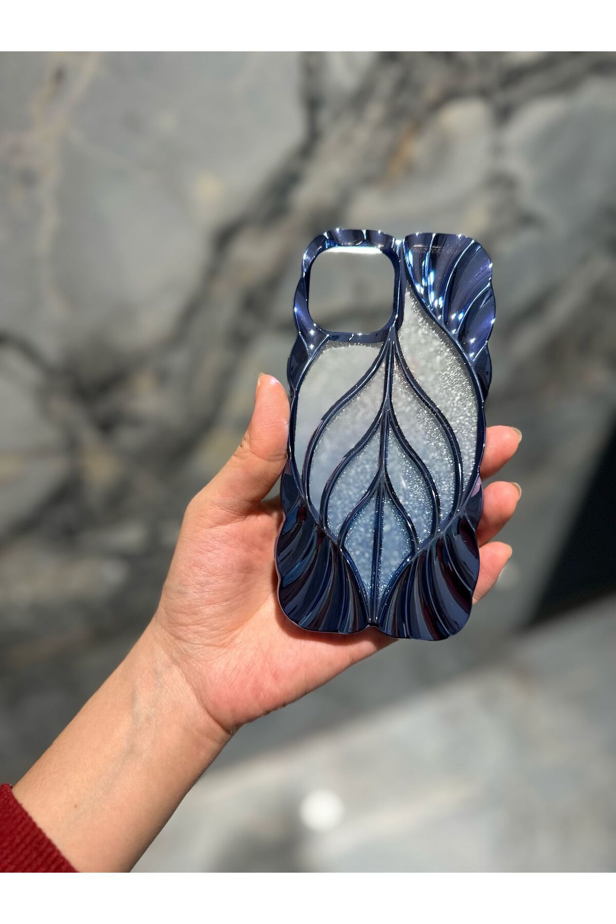 SLC AKSESUAR IPHONE 15 PROMAX PARLAK LACİVERT YAPRAK DESEN ESNEK TELEFON KILIFI GÜZEL TUTUŞLU