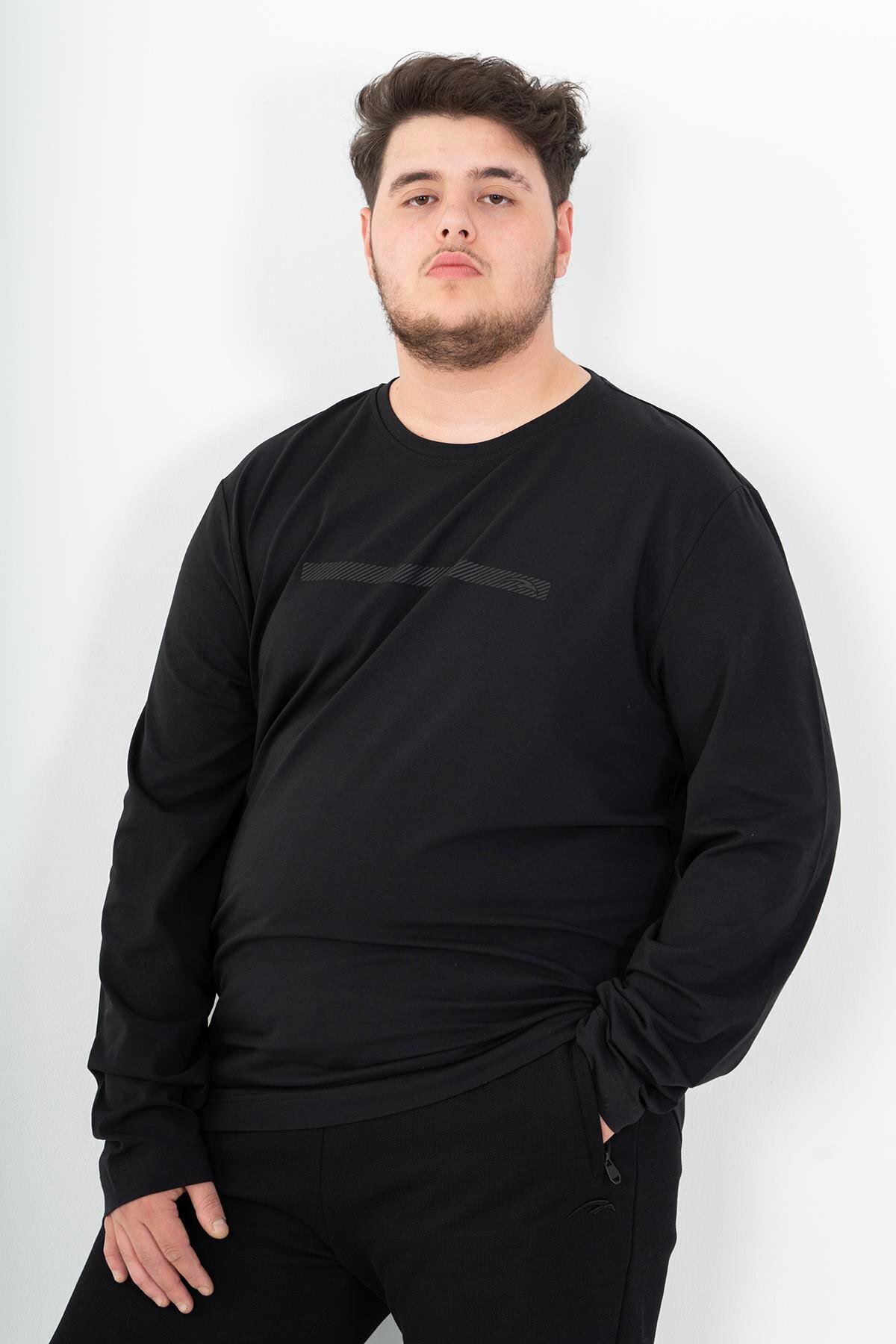 MARATON Büyük Beden Erkek Bisiklet Yaka Takma Kol Siyah Sweatshirt 22420