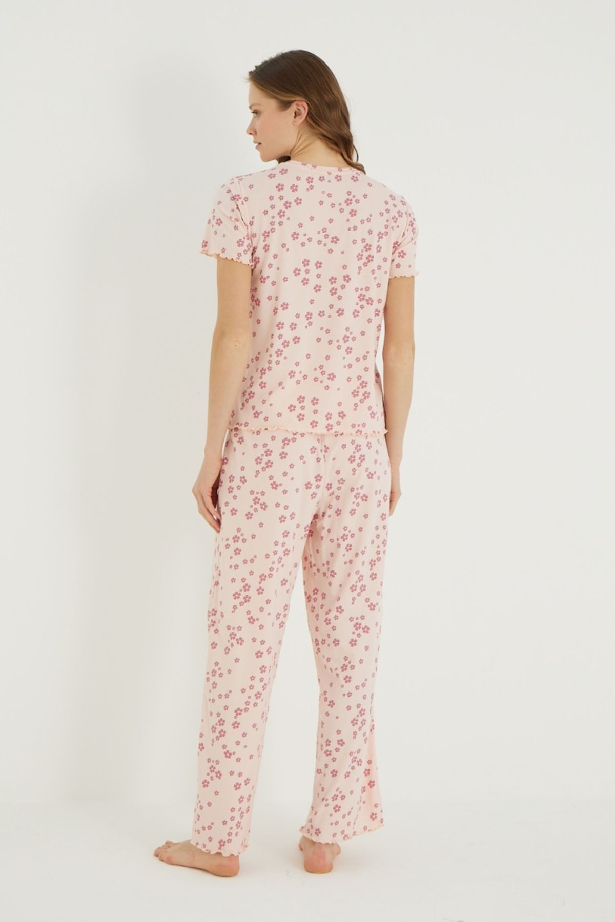 İPEKTENİM-Mini Floral Patterned Text Detailed Ornamental Stitched Pajama Set 4