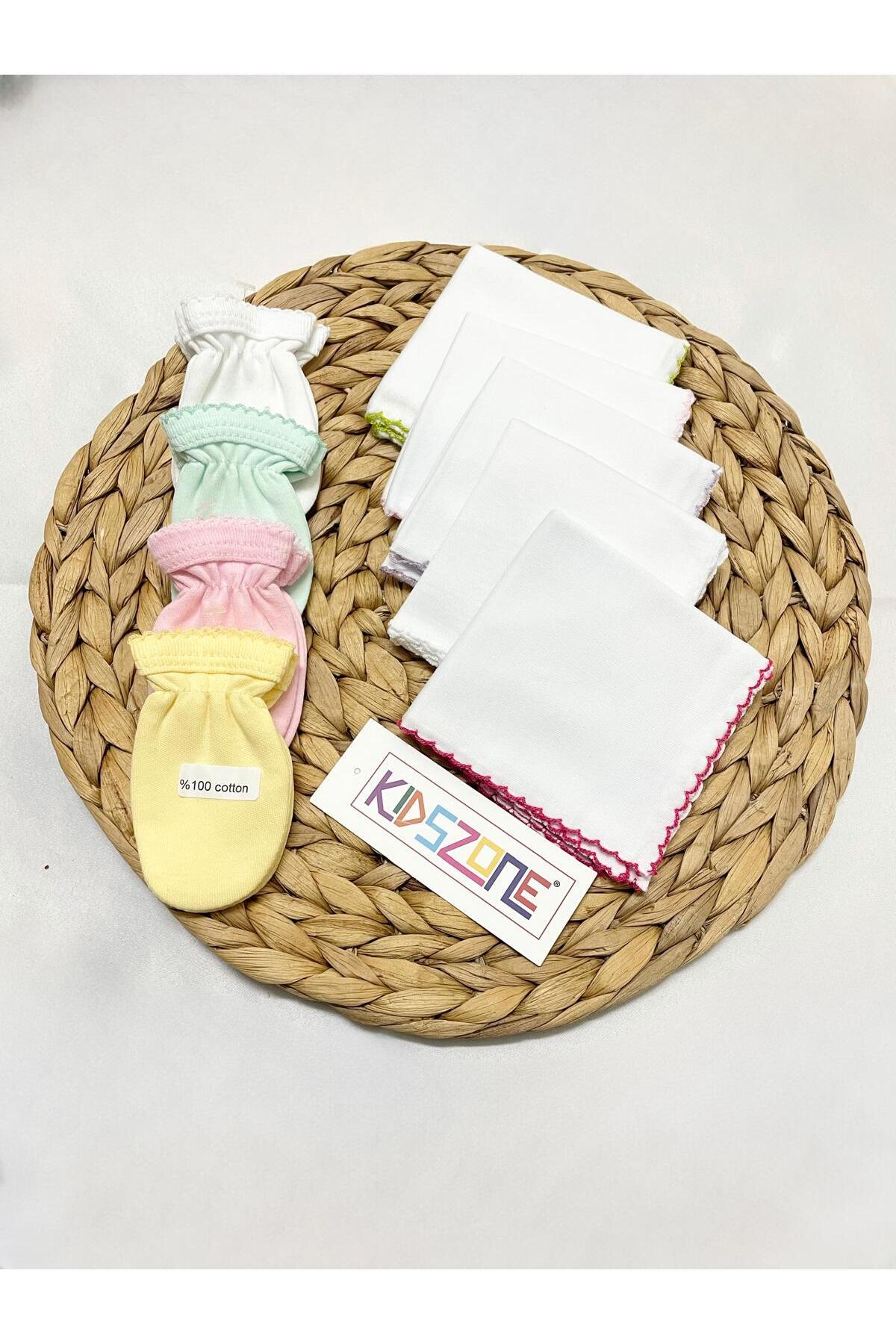 kidszone %100 Pamuk Yenidoğan Bebek Eldiveni Ve Ağız Silme Mendili 4 Adet Eldiven 10 Adet Ağız Mendili