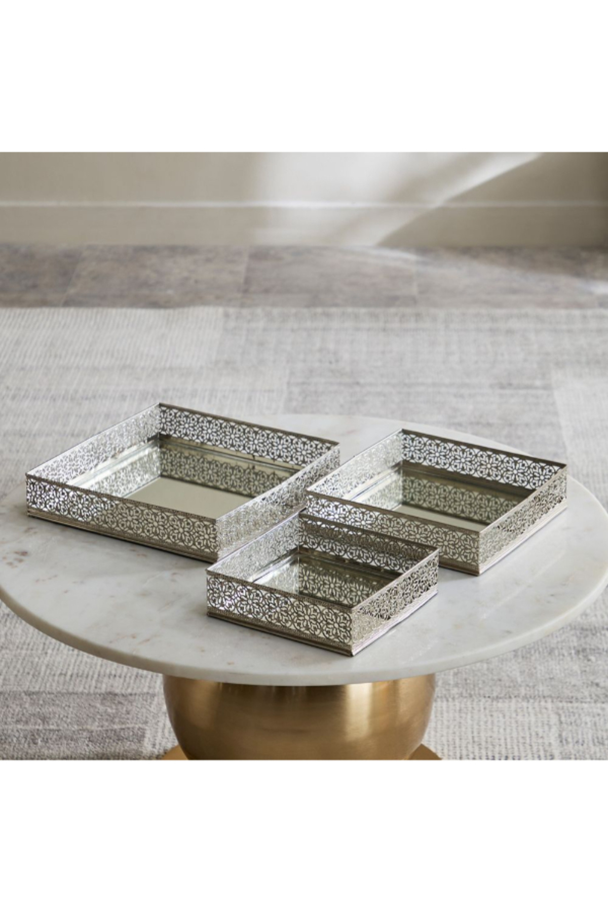 Home Box-Milo 3-Piece Metal Square Perforated Mirror Tray Set 2