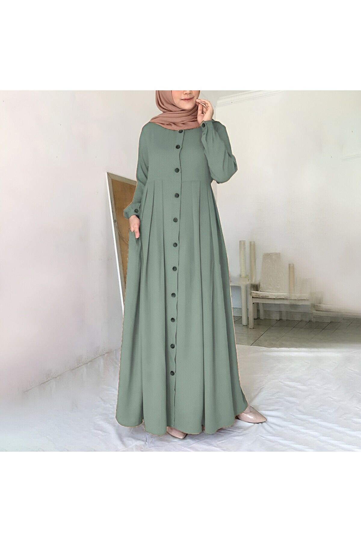Mothermood Keten Günlük Yazlık Tam Boy Tesettür Kadın Elbise