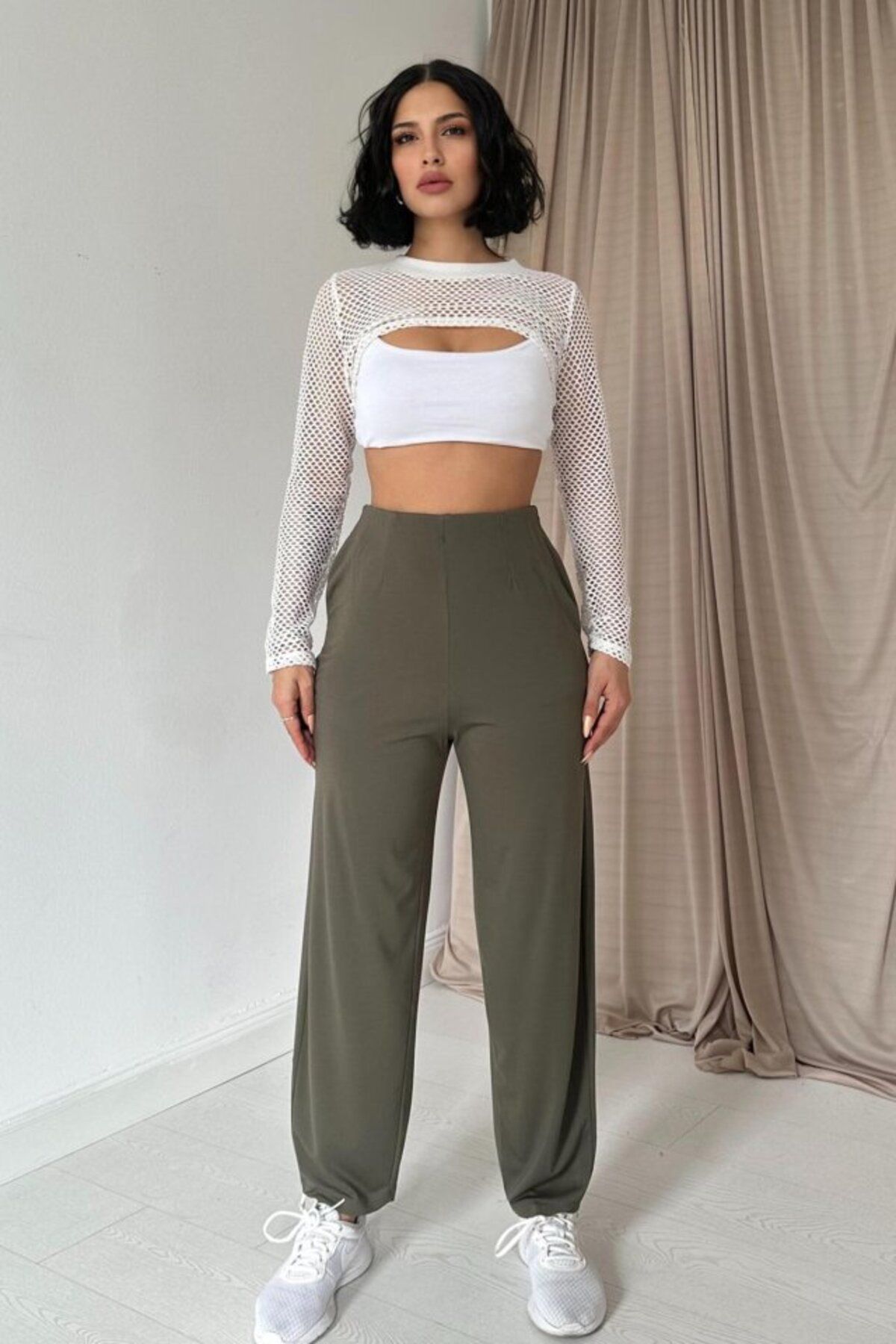 ASFSTORE Haki Pensli Lastik Detaylı Pantolon