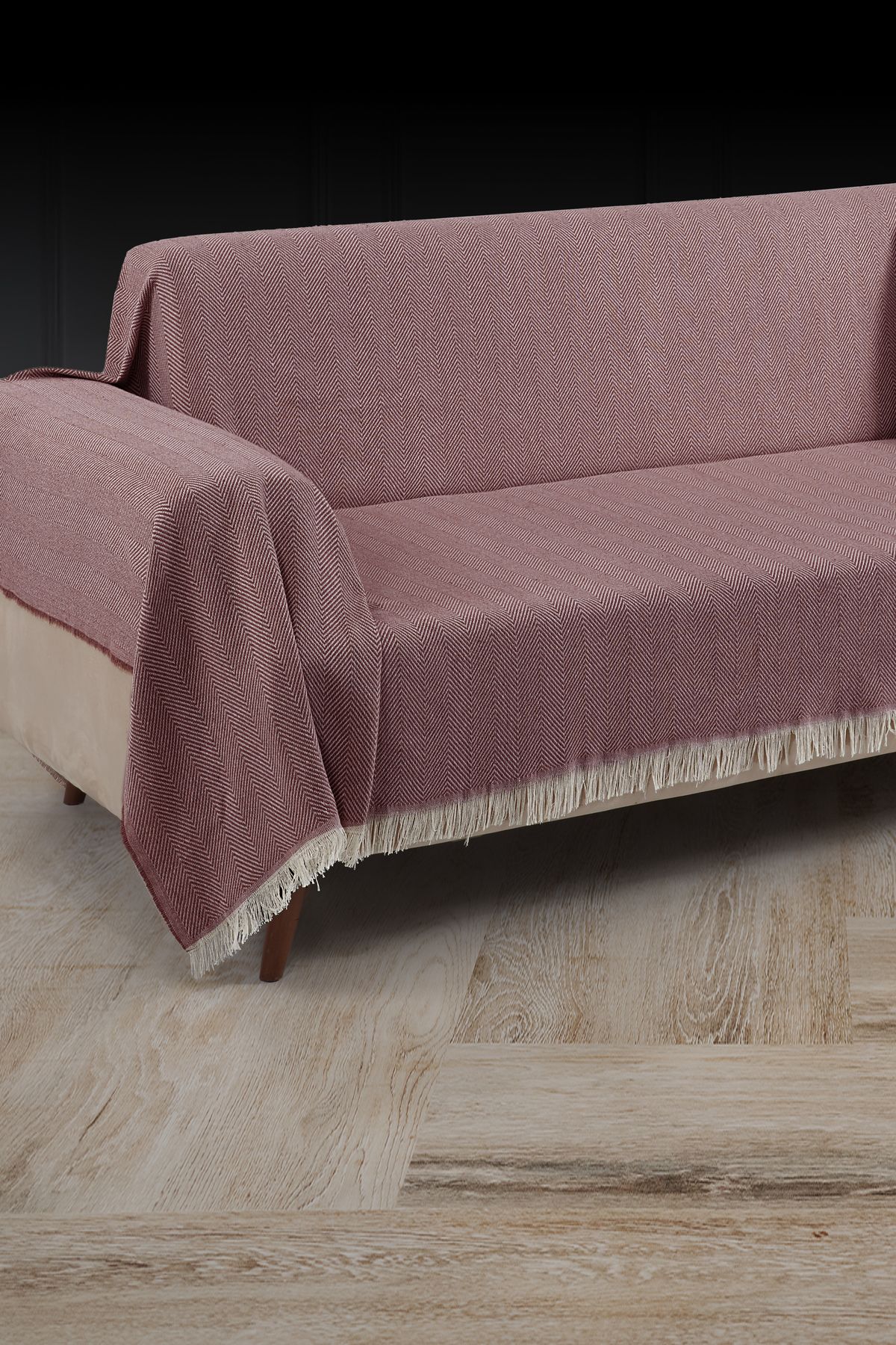 LADYNİL-100% Cotton Fringed Sofa Cover 180X300 cm Claret Red 2